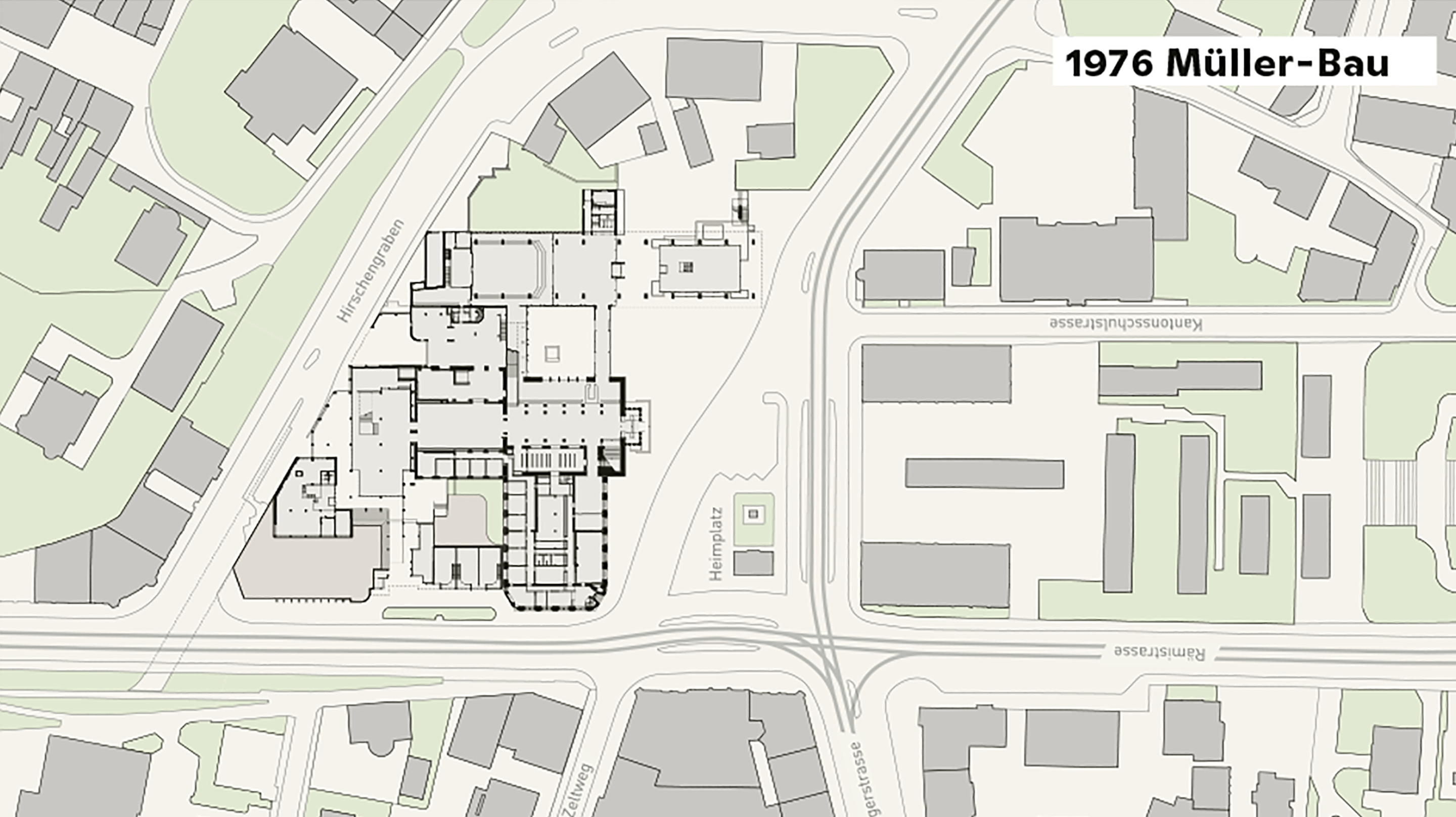 Die vier Erweiterungsphasen des Kunsthauses Zürich: Müller-Bau, 1976.