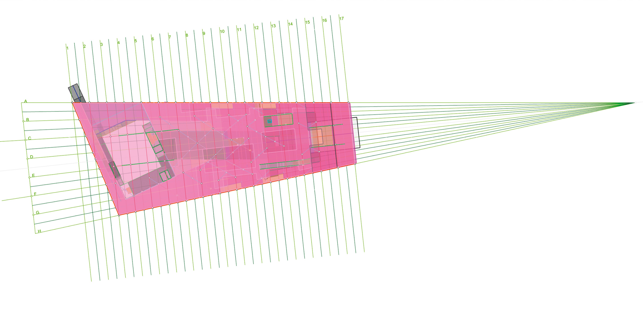 Herzog &amp; de Meuron, Titlis 3020, Engelberg, 2017 (progetto). Riduzione del modello digitale ad un modello ad assi radiali, generati da un punto esterno del piano orizzontale.