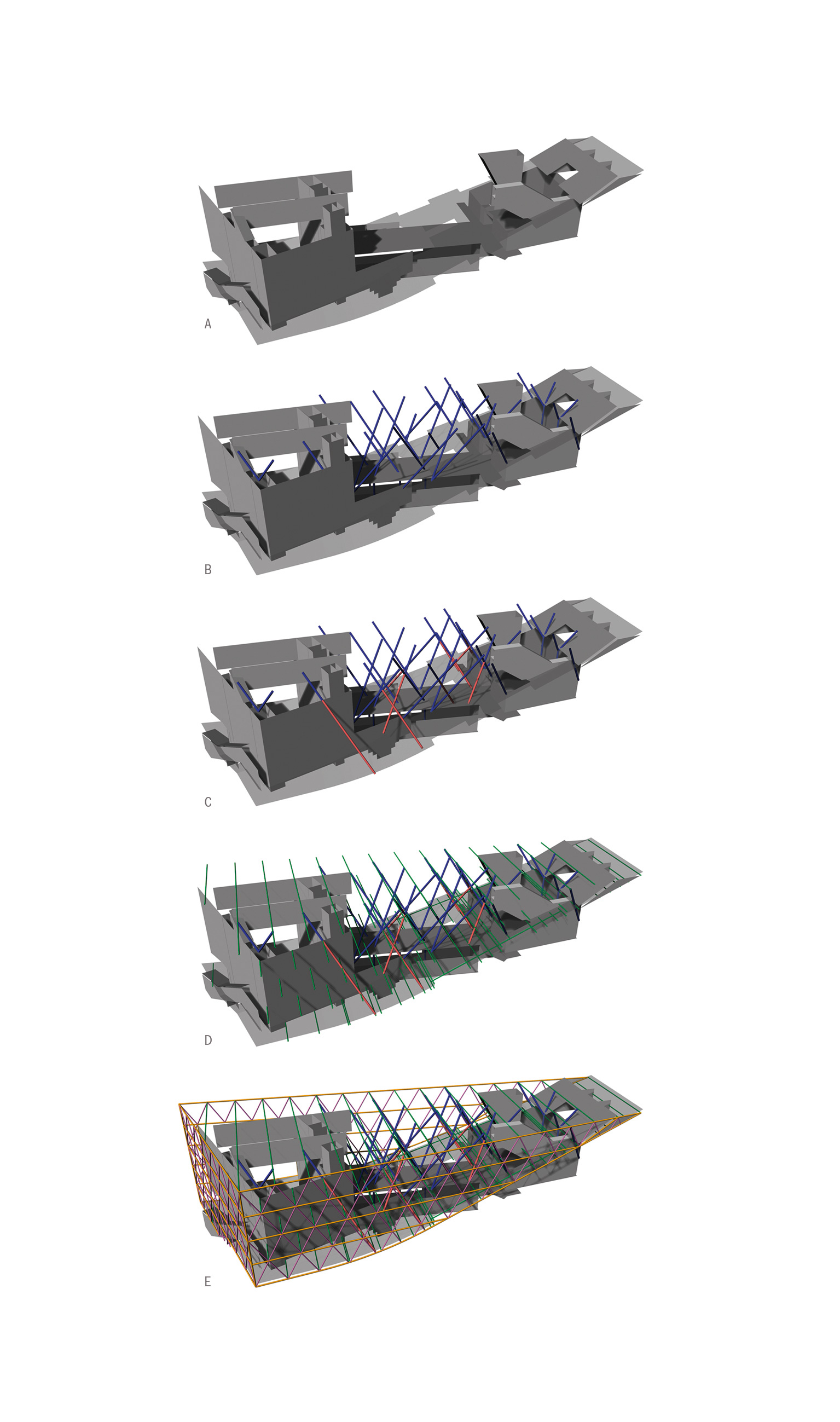 Stazione a monte. A) Elementi verticali in cemento armato e solaio più in basso. B) Si aggiungono i pilastri in acciaio interni (in compressione). C) Si aggiungono gli elementi appesi in acciaio interni. D) Si aggiungono le travi principali in direzione trasversale. E) Si aggiunge la struttura portante della facciata.