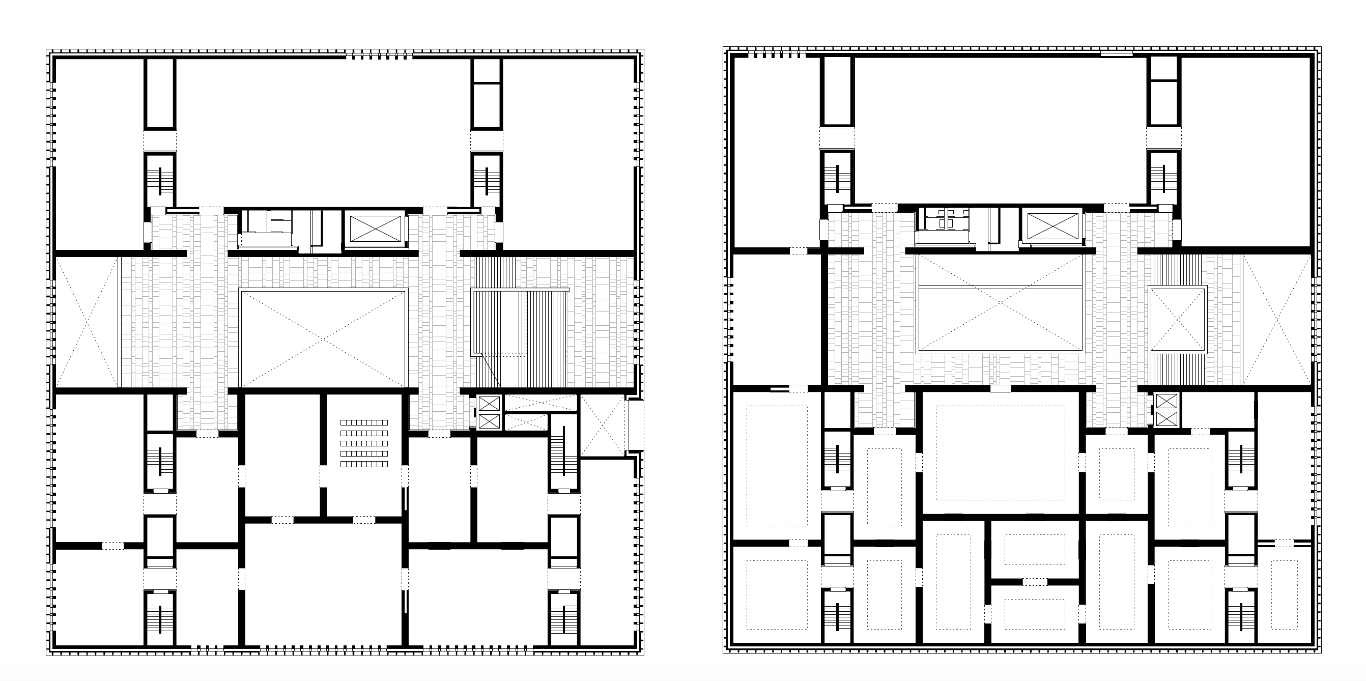 Die Achse der Eingangshalle bleibt in den Obergeschossen erlebbar. Die klare orthogonale Struktur des Gebäudes lässt Spielraum für die Inszenierung der Exponate (1. OG, 2. OG).