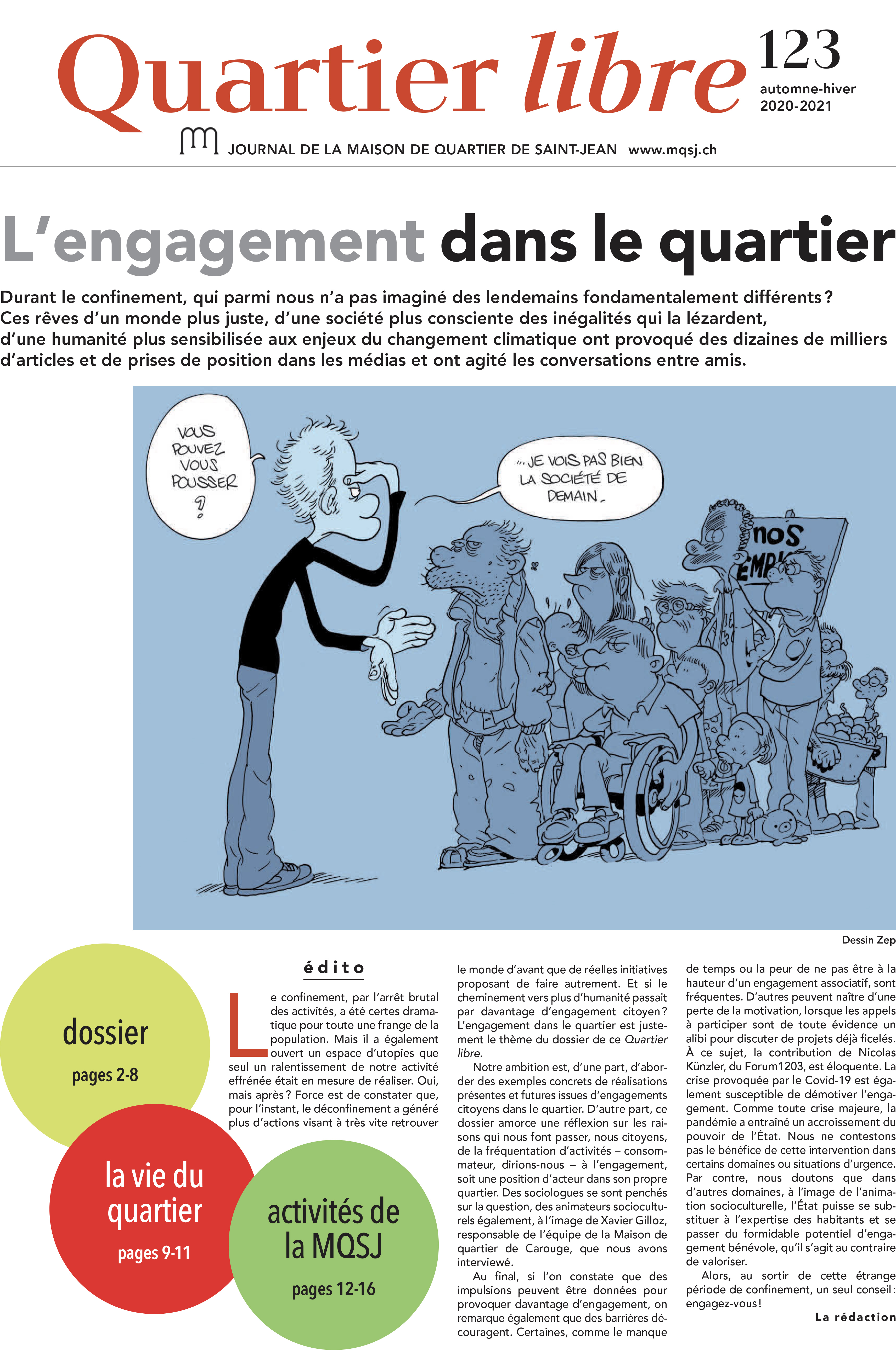 Couverture de Quartier libre, journal de la maison de quartier de Saint-Jean, n° 123, automne-hiver 2020-2021