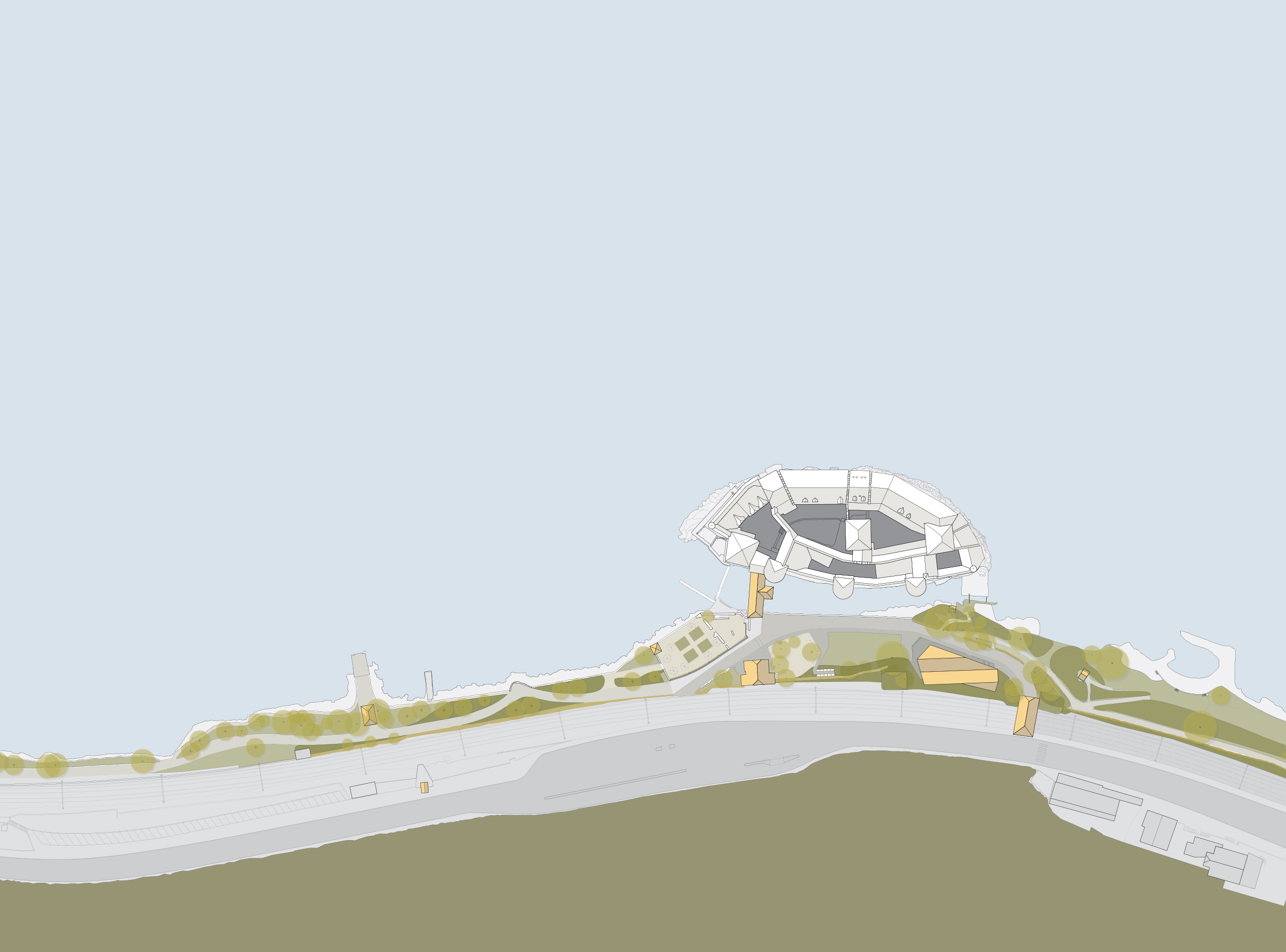 Plan d’ensemble avec la stratégie corrigée en 2015 pour la requalification du site et l’intégration du pavillon