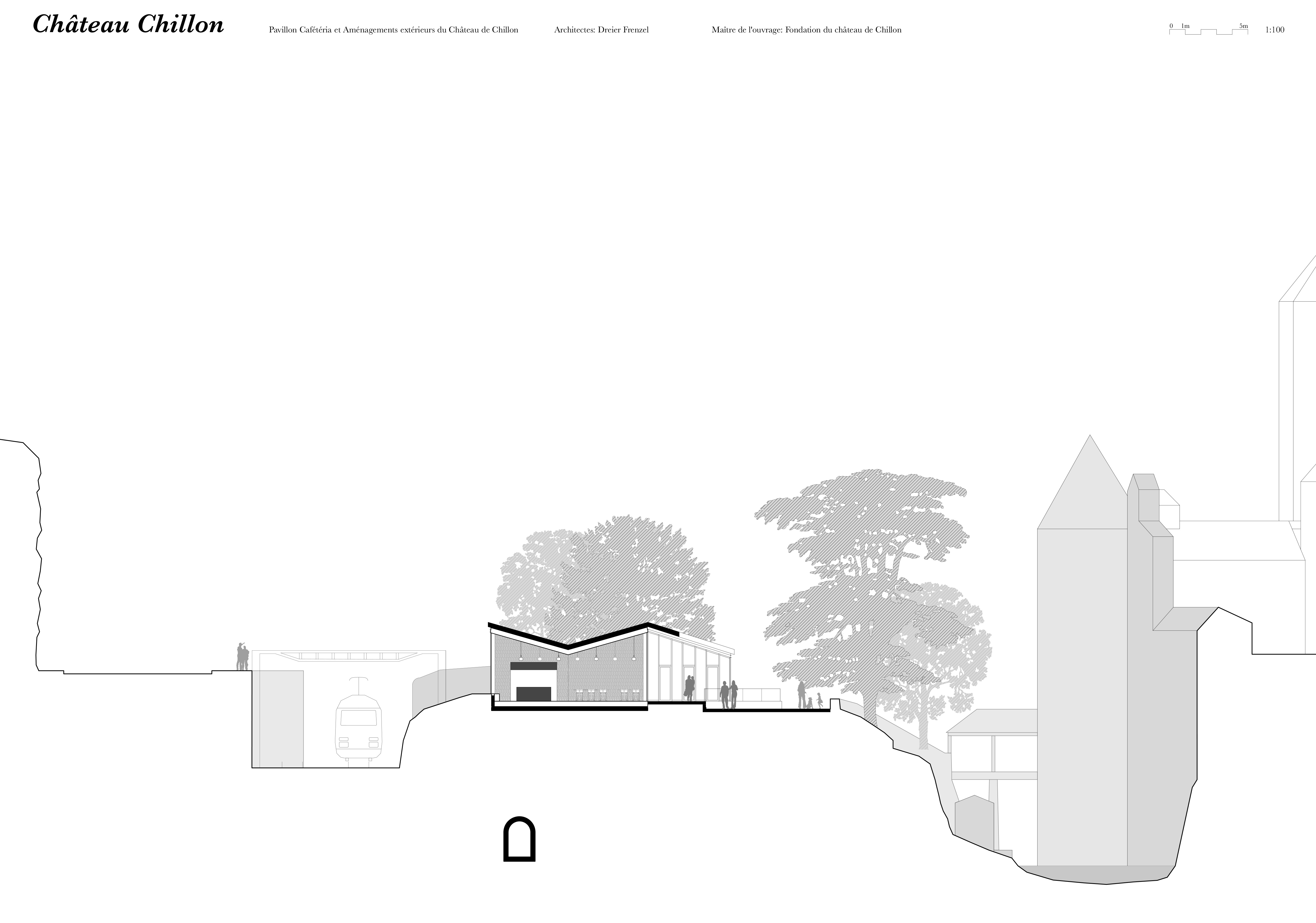 Coupe présentant l’insertion du pavillon comme agent de médiation entre le réseau viaire et ferroviaire et le monument historique