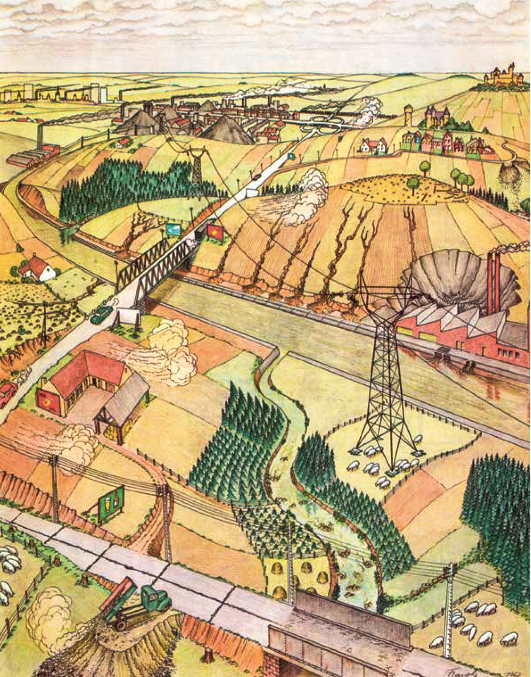 Planche 15 de l’ouvrage de Paul Duvigneaud, La Synthèse écologique, Doin, Paris, 1974, publiées avec la légende suivante: «Aménagement du territoire. On a représenté, en regard, deux façons d’utiliser le même paysage.» « Utilisation abusive et sans qu’il soit tenu compte de l’esthétique : ­paysage gris, en voie de steppisation, érodé par l’eau et par le vent, eaux et atmosphère polluées, végétation naturelle remplacée par des mono­cultures, maigres pelouses nourrissant des moutons, etc. »