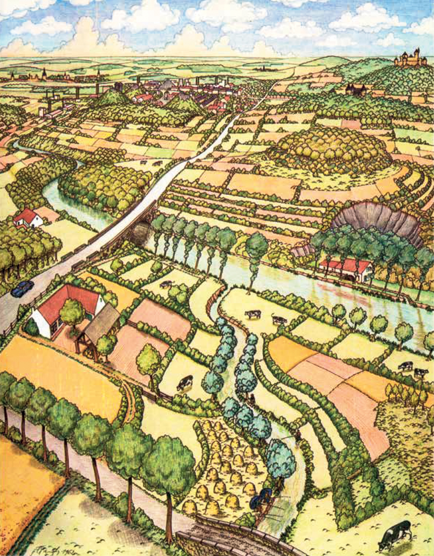 Planche 16 de l’ouvrage de Paul Duvigneaud, La Synthèse écologique, Doin, Paris, 1974, publiées avec la légende suivante : « Aménagement du territoire. On a représenté, en regard, deux façons d’utiliser le même paysage. » « Utilisation plus rationnelle : paysage verdoyant où il fait bon vivre (application des méthodes de la lutte anti-érosive), grasses prairies pâturées par des vaches, etc. »