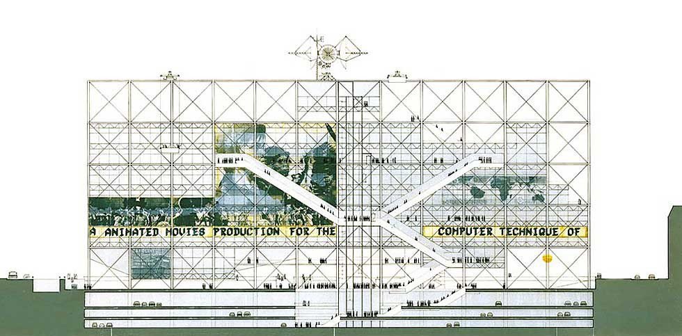 Élévation du projet rendu pour concours du Centre Georges Pompidou, Paris, Renzo Piano, Richard Rogers et Gianfranco Franchini, 1971