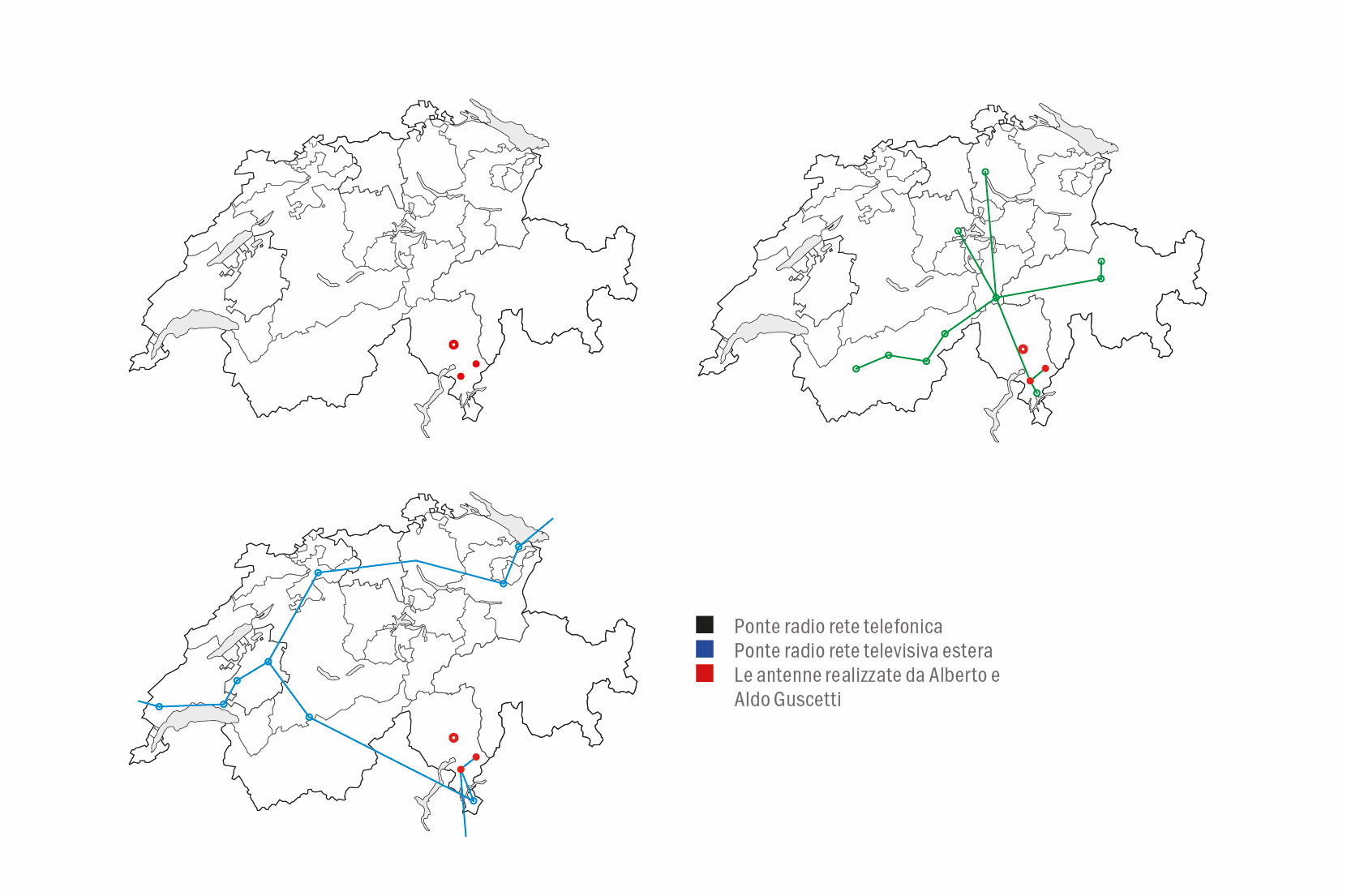 Carta della Svizzera con indicata la posizione delle stazioni a scopi multipli e i ponti radio