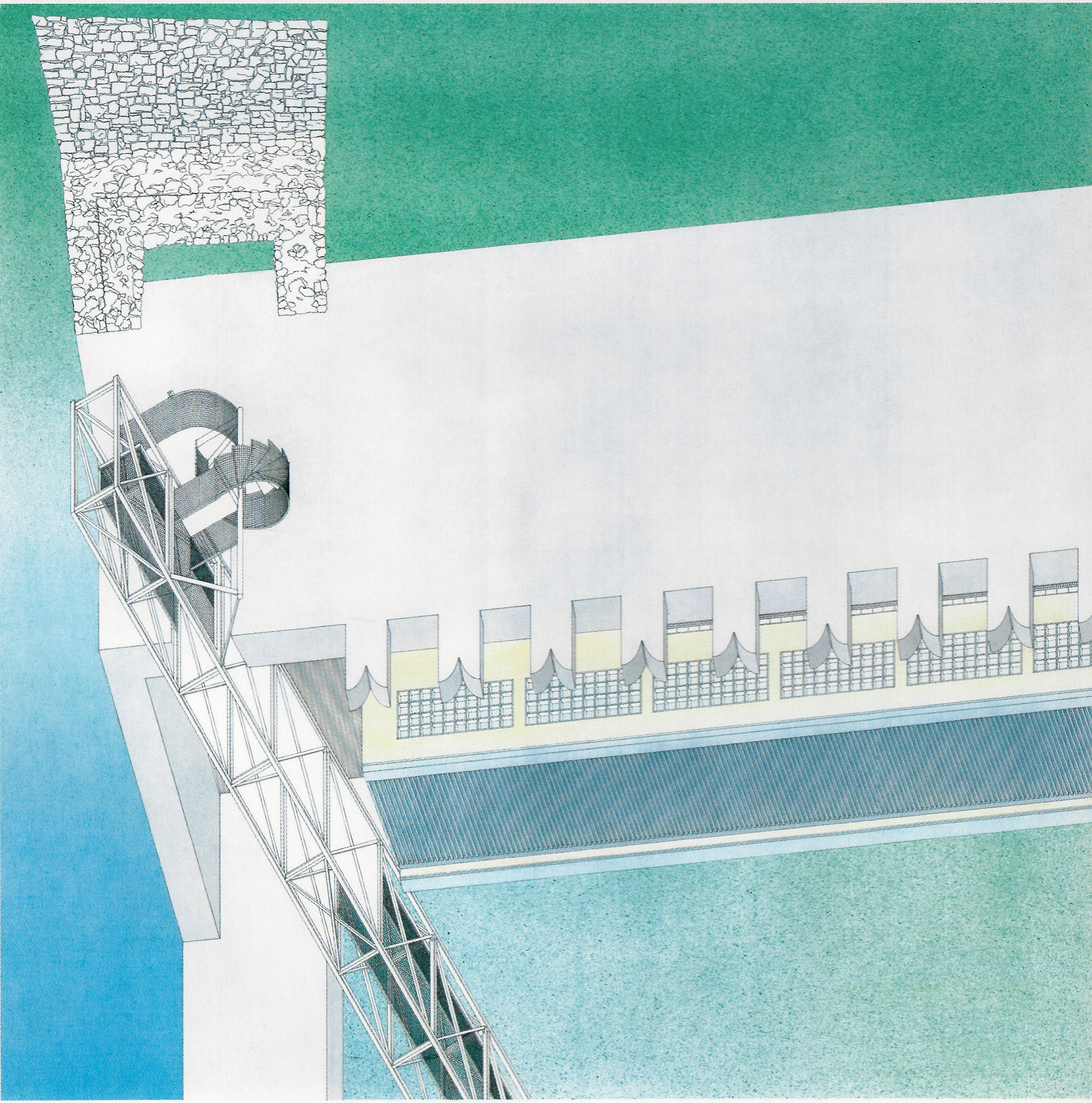 Restauration du Castelgrande à Bellinzone (TI) (1974) – Axonométrie du mur externe et de l’escalier en colimaçon