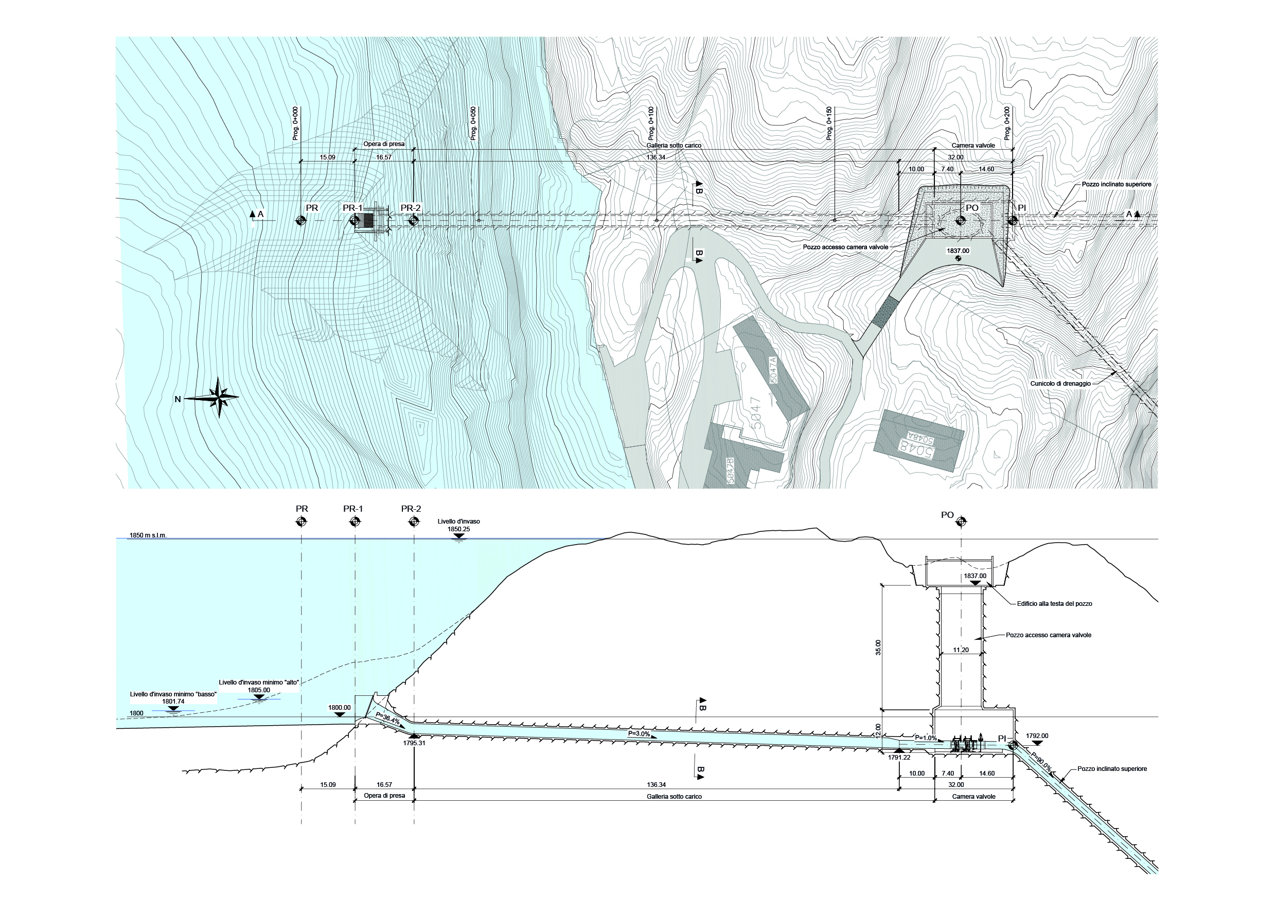Pianta e sezione della galleria sotto carico e del pozzo di accesso alla camera valvole in località Piora