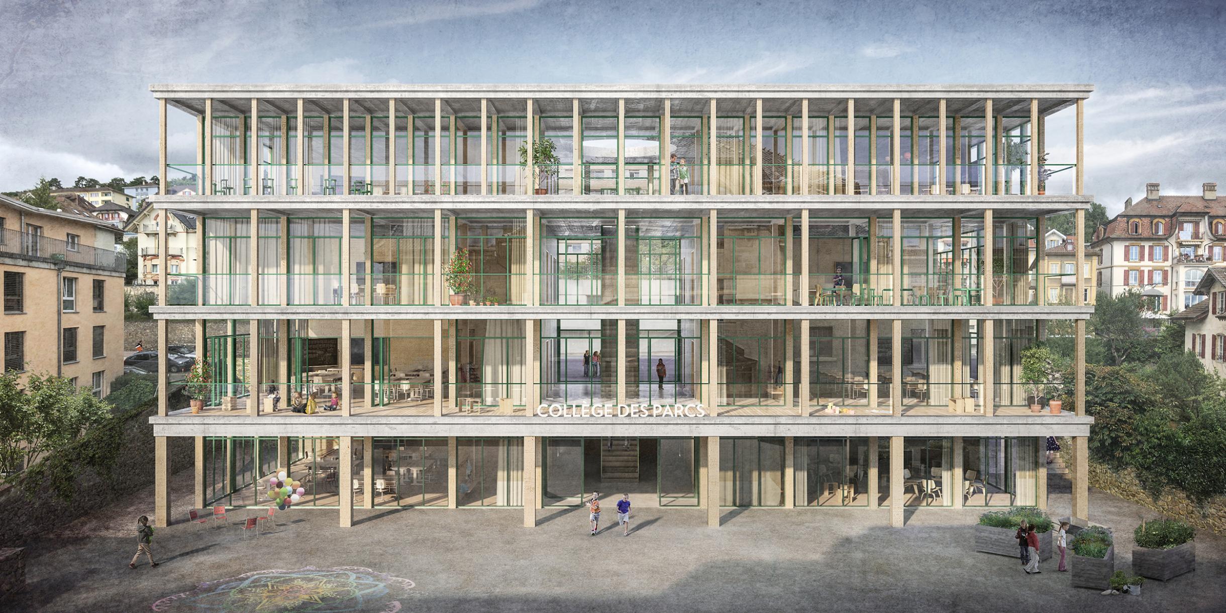 «A l’Ombre des Colonnades»: offener Architekturwettbewerb nach SIA 142 für den Bau von zwei Sporthallen und die Erweiterung des Collège des Parcs in Neuchâtel, 2020, Stoa Architekten.