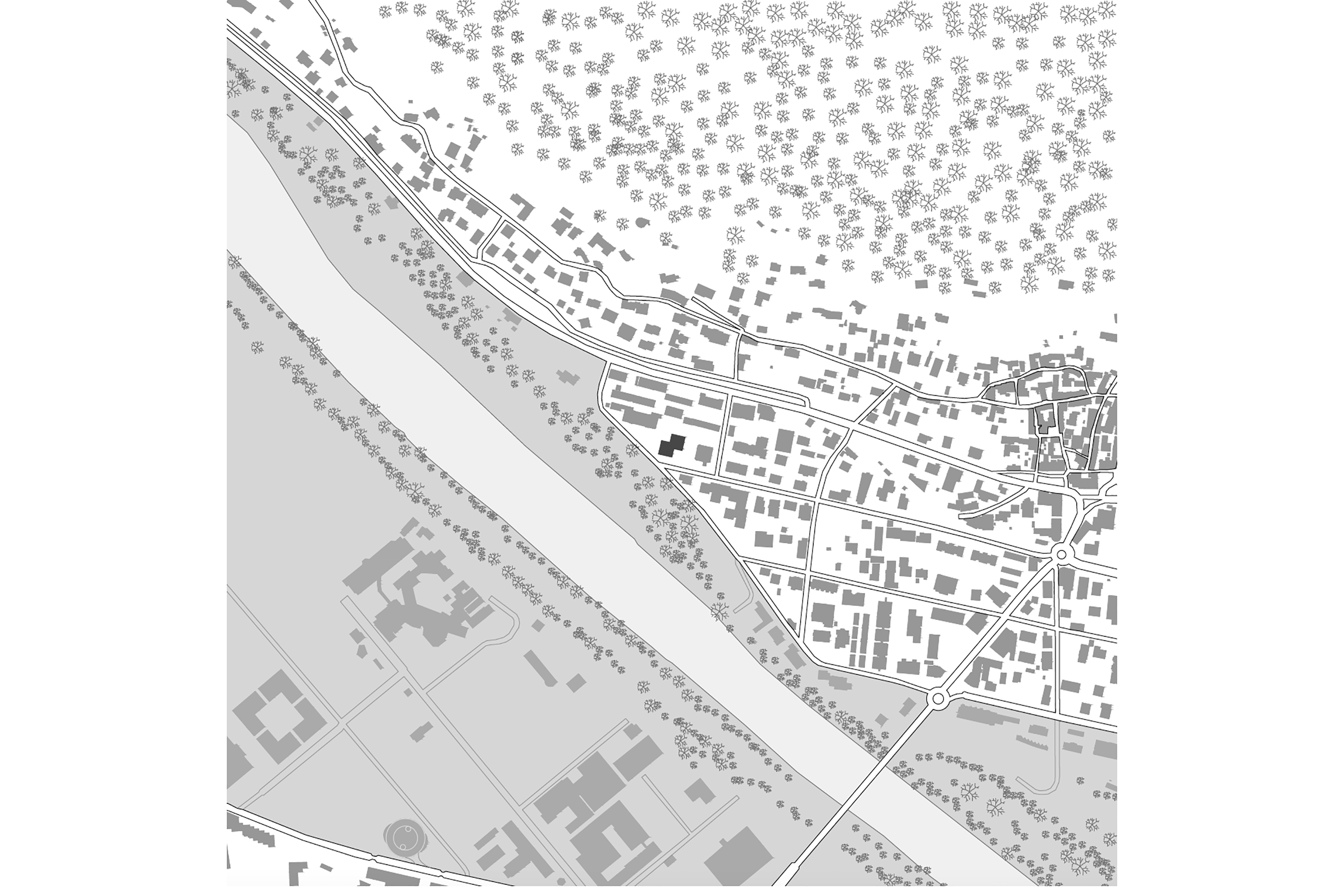 Casa agli Orti: Lageplan: der kompakte Grundriss lässt Platz für eine Freiraumgestaltung mit Bezug zum nahen Flussufer.