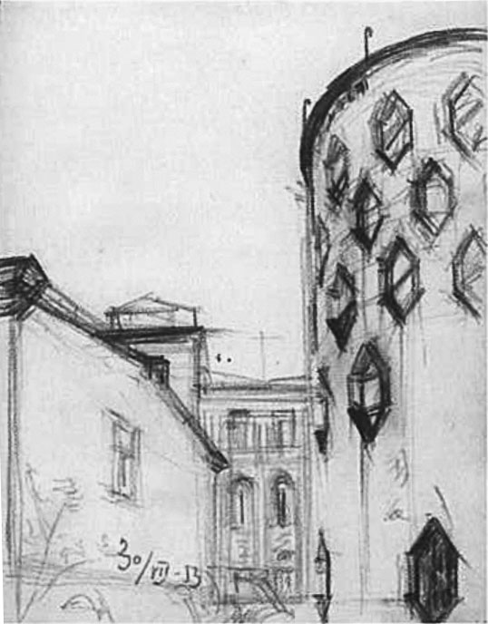 Croquis de la maison Melnikov par l’architecte, 1953