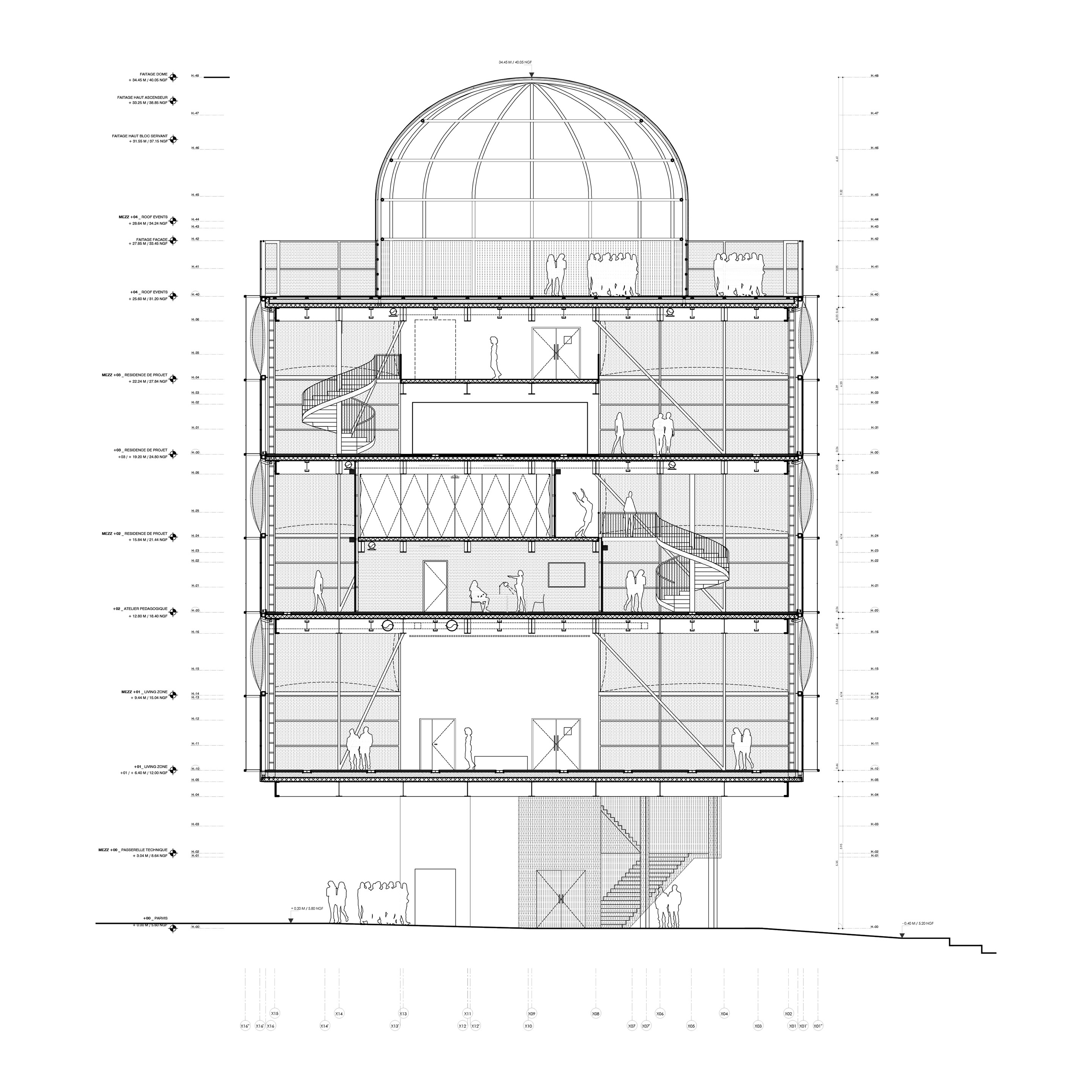 New Generation Research Center, Caen (Frankreich), 2013-2015; Schnitt.