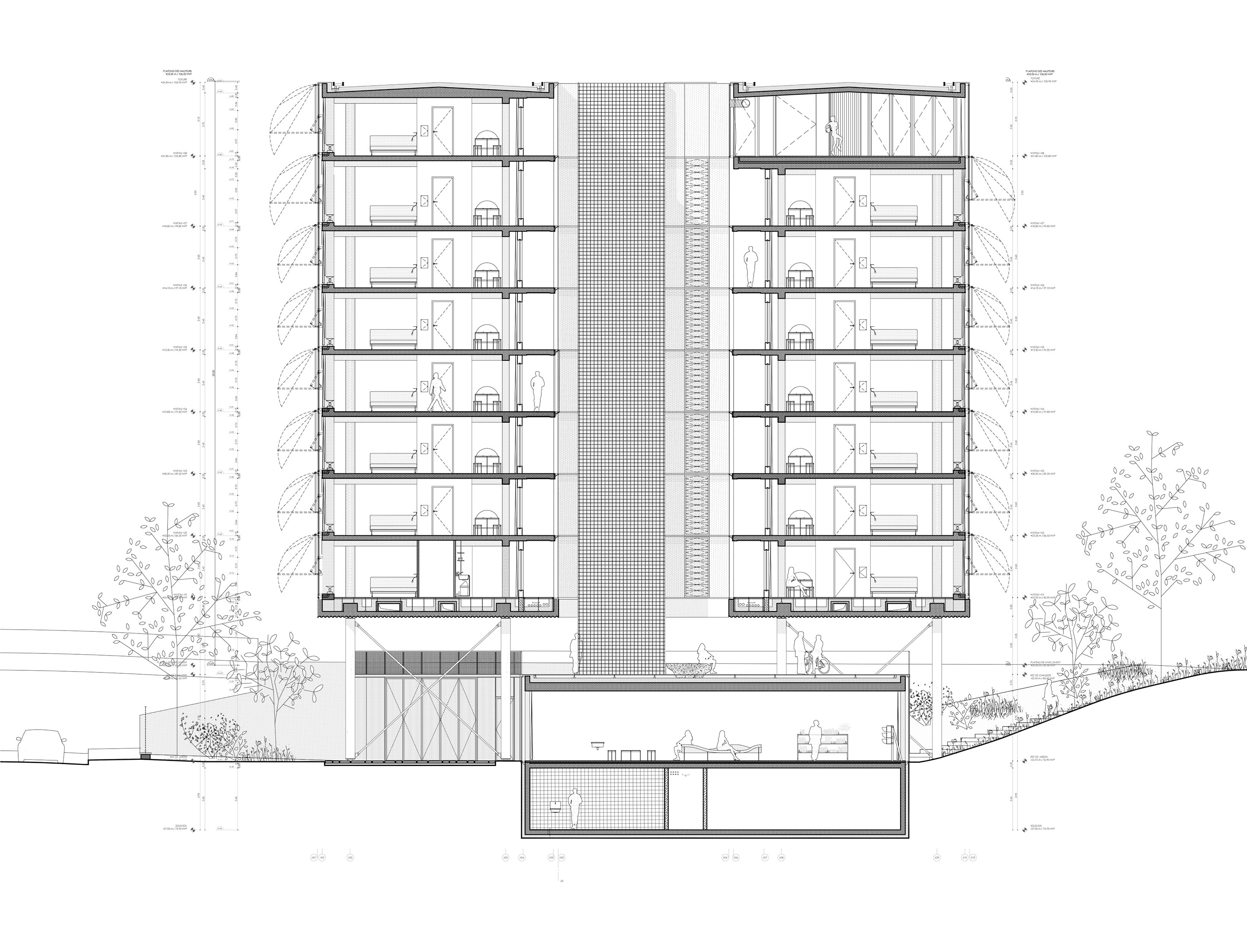 Residenz für Hochschulforscher «Maison Julie-Victoire Daubié», Paris, 2014-2018; Schnitt.