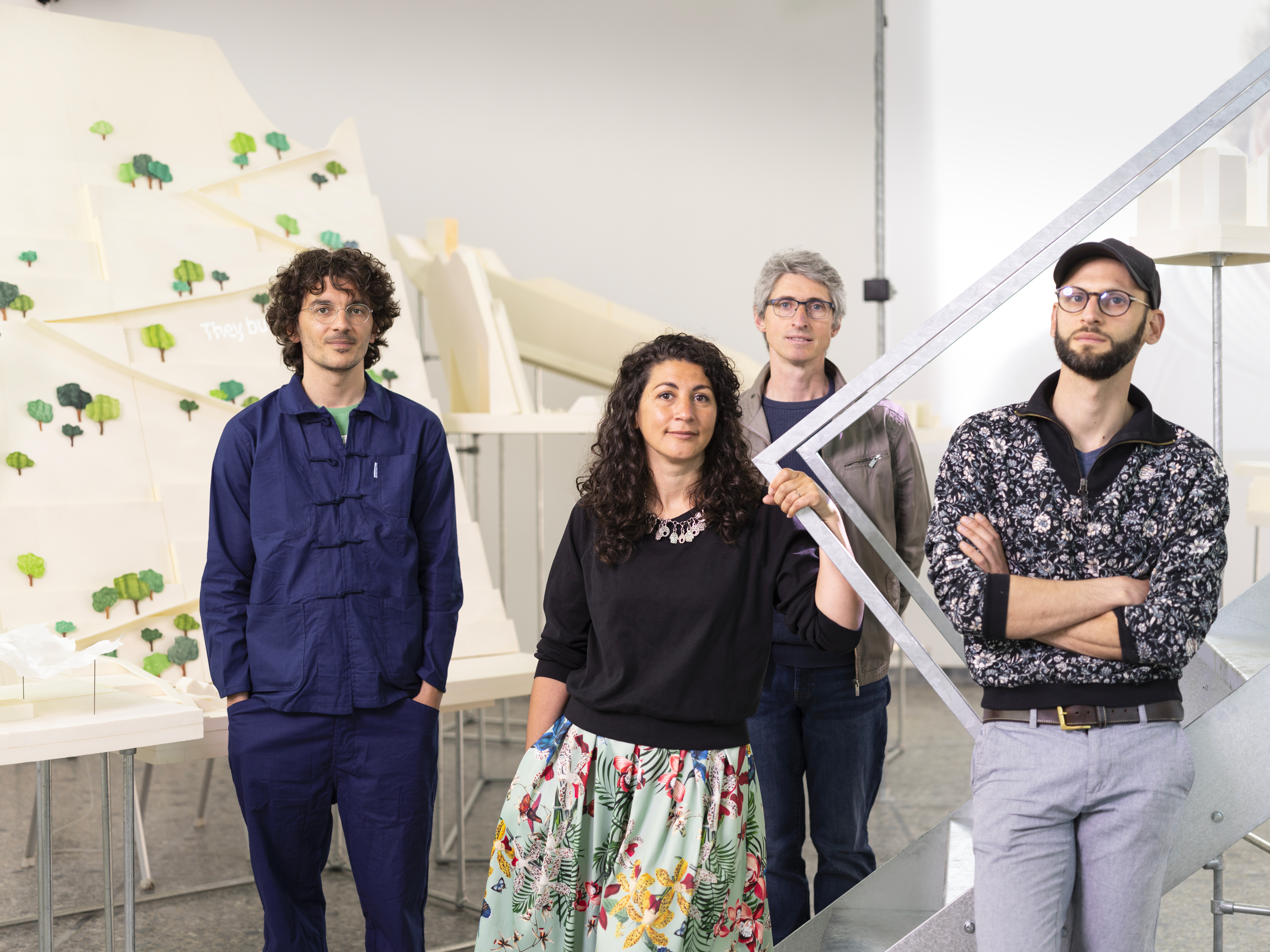 L'équipe du projet du Pavillon suisse de la 17e Biennale d'architecture de Venise. De gauche à droite: Mounir Ayoub, Vanessa Lacaille, Fabrice Aragno, Pierre Szczepski