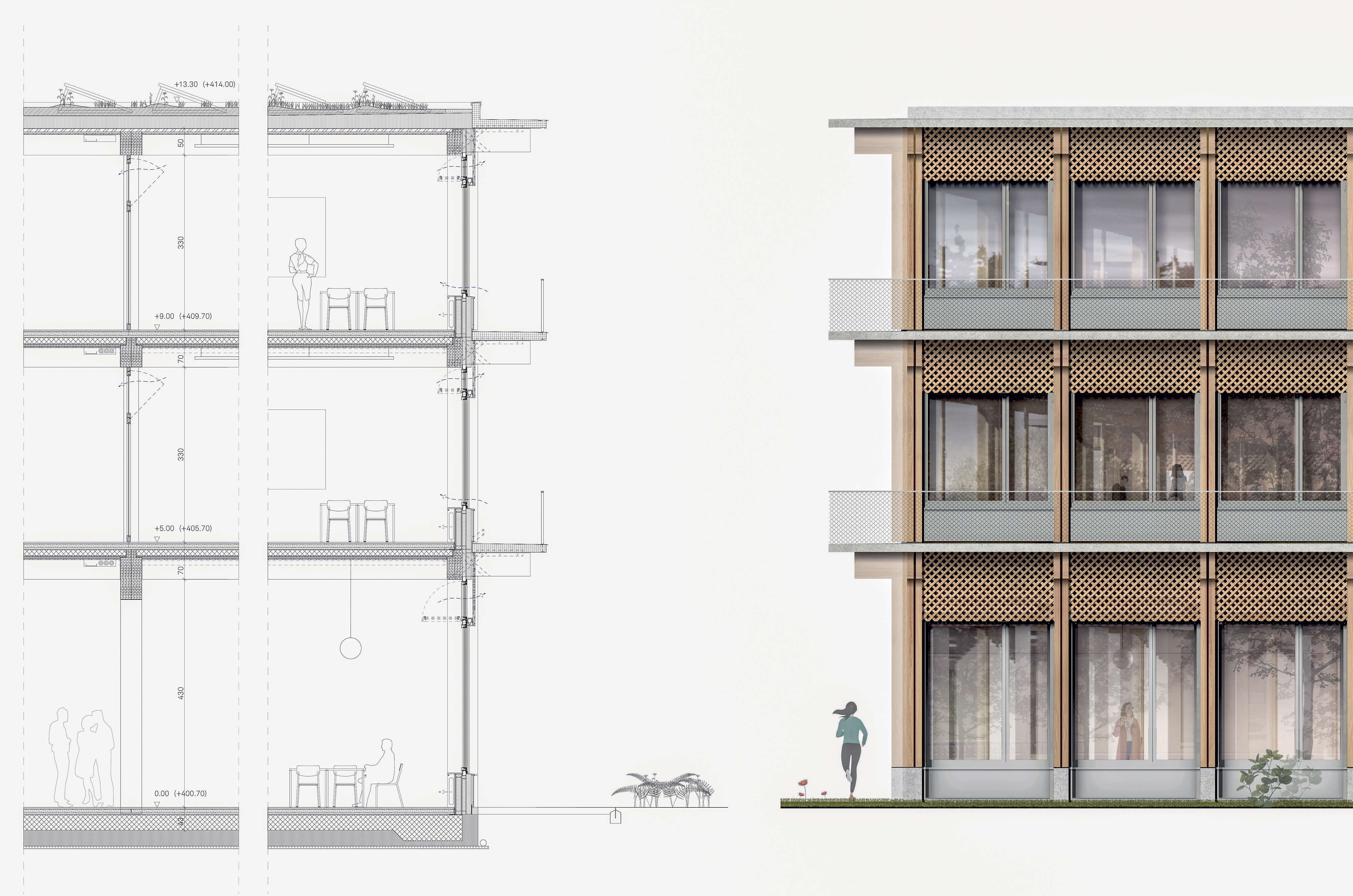 «Rose des vents». Coupe constructive et élévation du lauréat du concours pour le gymnase du Chablais.