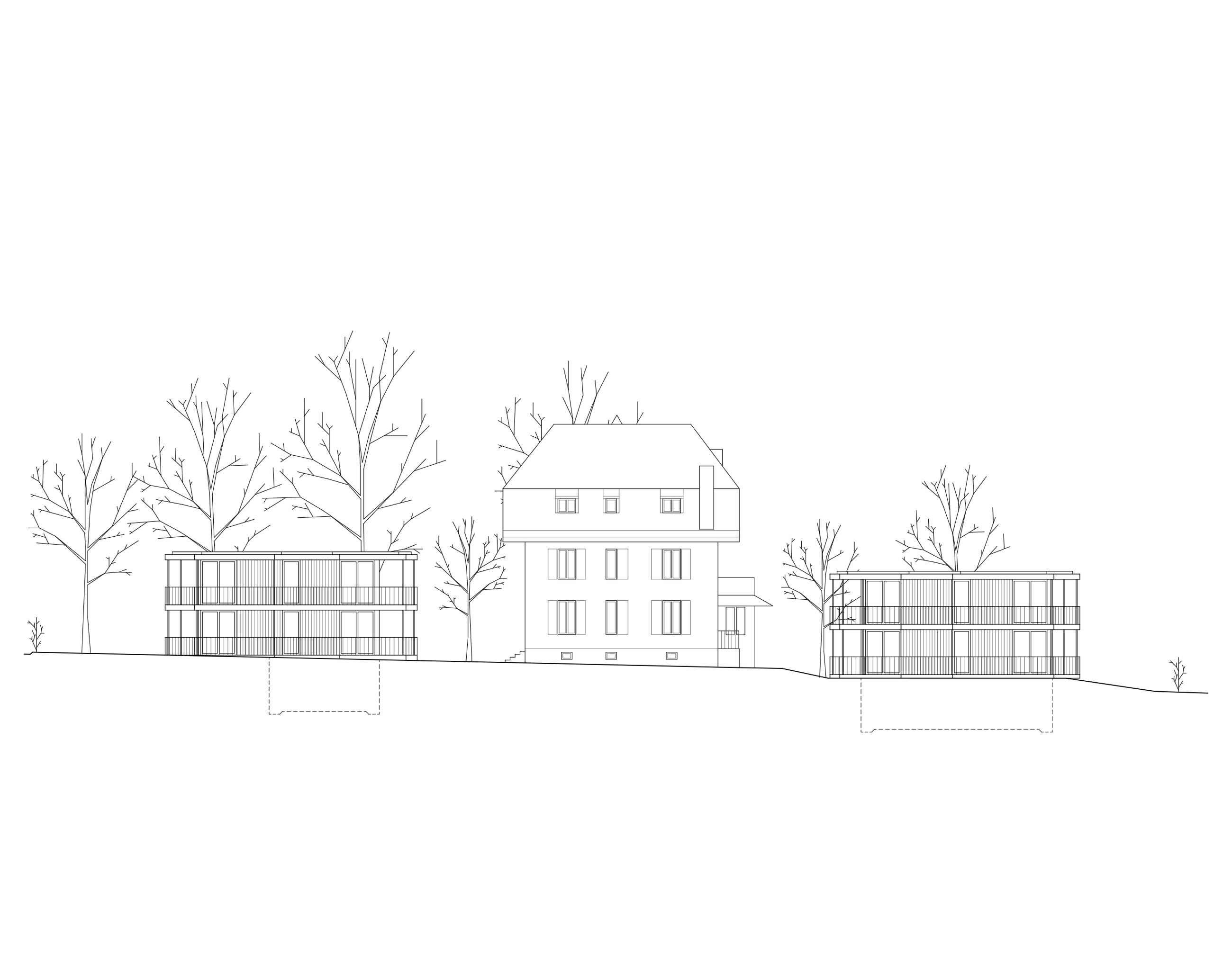 Les deux pavillons se tiennent à moins de 5 mètres de la maison d’origine grâce, entre autres, à leurs silhouettes discrètes qui ont permis une dérogation aux limites de construction