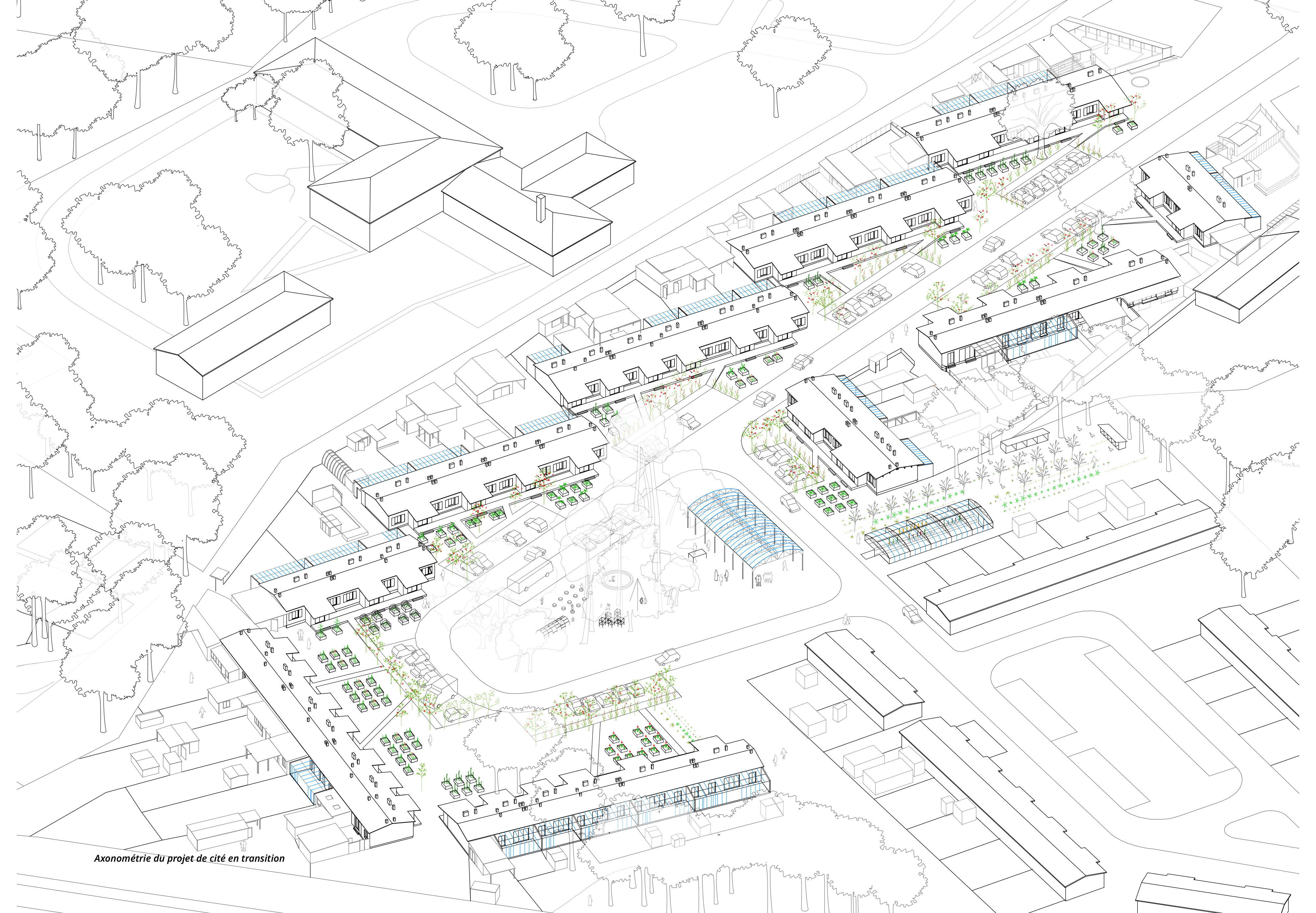 A Mérignac-Beutre, lo studio Christophe Hutin Architecture ha condotto una «diagnosi sociale e tecnica», appoggiandosi su rilievi, varianti e diagrammi sintetici che permettono d'anticipare i lavori in continuità con le trasformazioni già effettuate dagli abitanti.