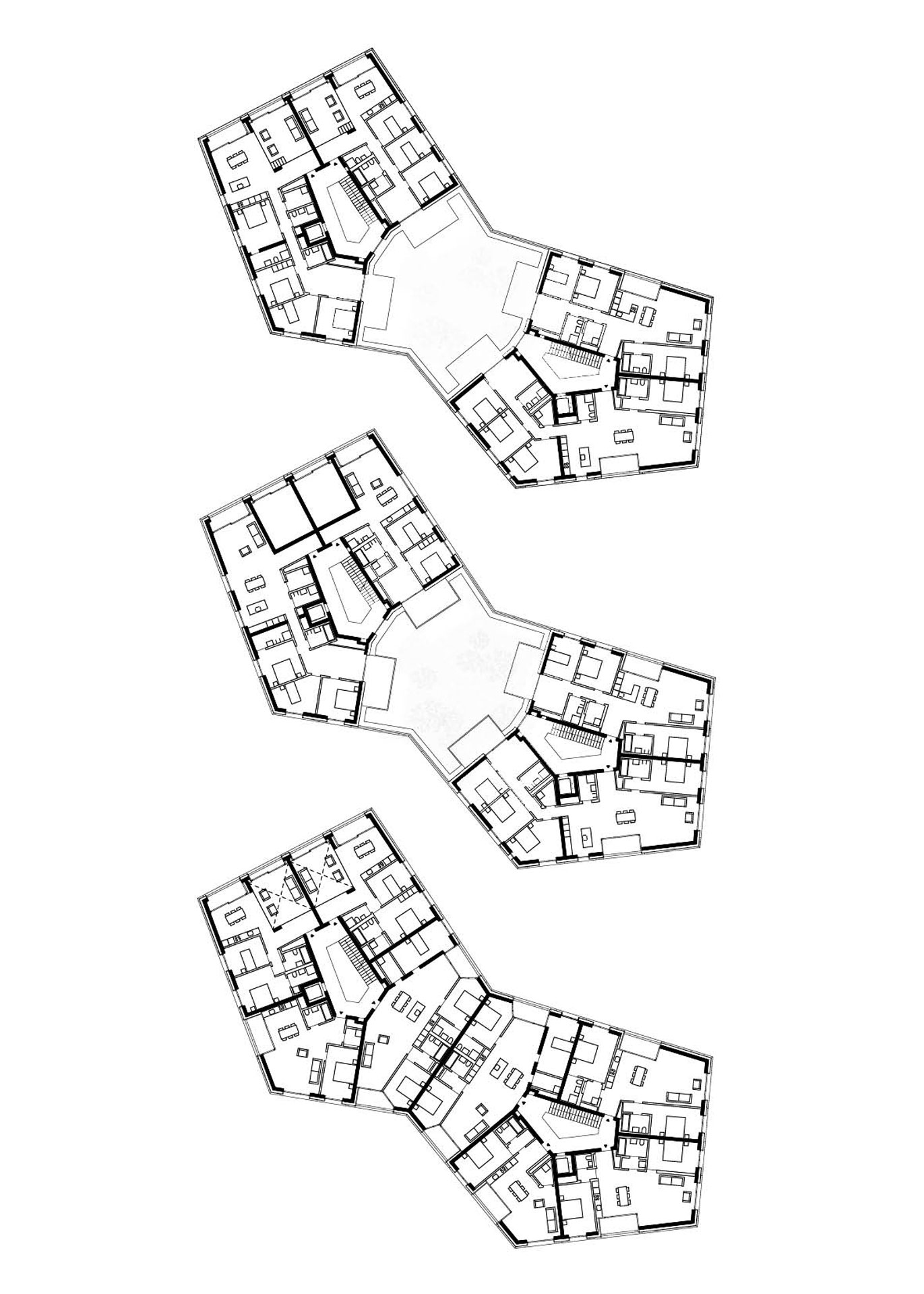 Dall'alto verso il basso: blocco ovest, pianta livello 6; blocco ovest, pianta livello 5; blocco ovest, pianta livello 1