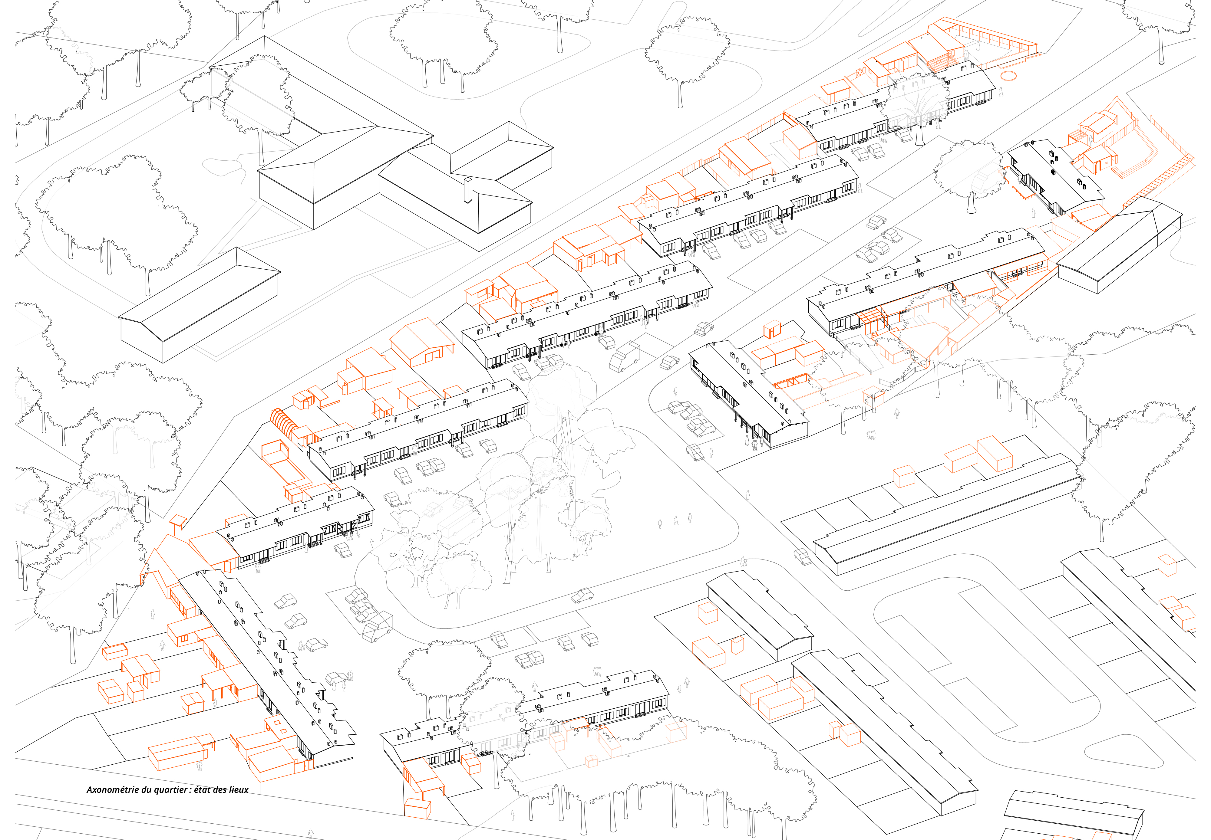 A Mérignac-Beutre, lo studio Christophe Hutin Architecture ha condotto una «diagnosi sociale e tecnica», appoggiandosi su rilievi, varianti e diagrammi sintetici che permettono d'anticipare i lavori in continuità con le trasformazioni già effettuate dagli abitanti.