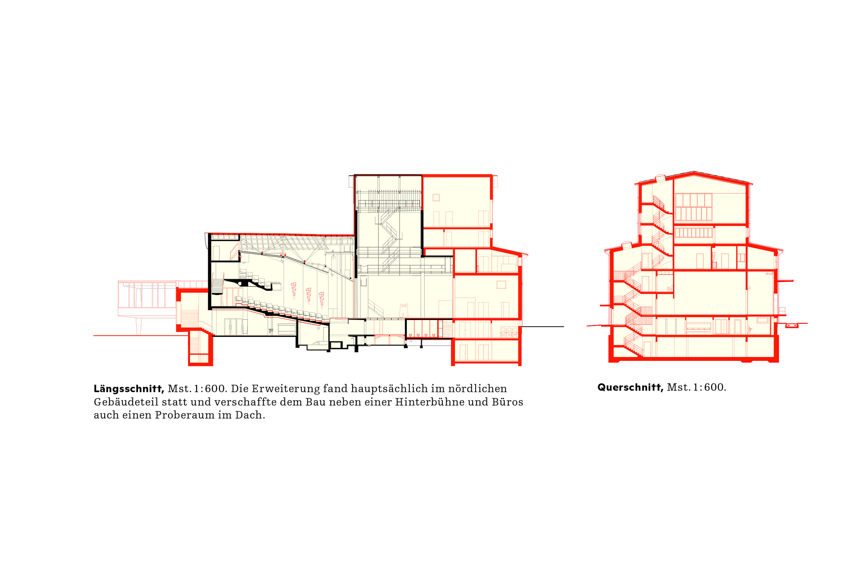 Sezioni del Kurtheater con in rosso gli interventi di Boesch Architekten