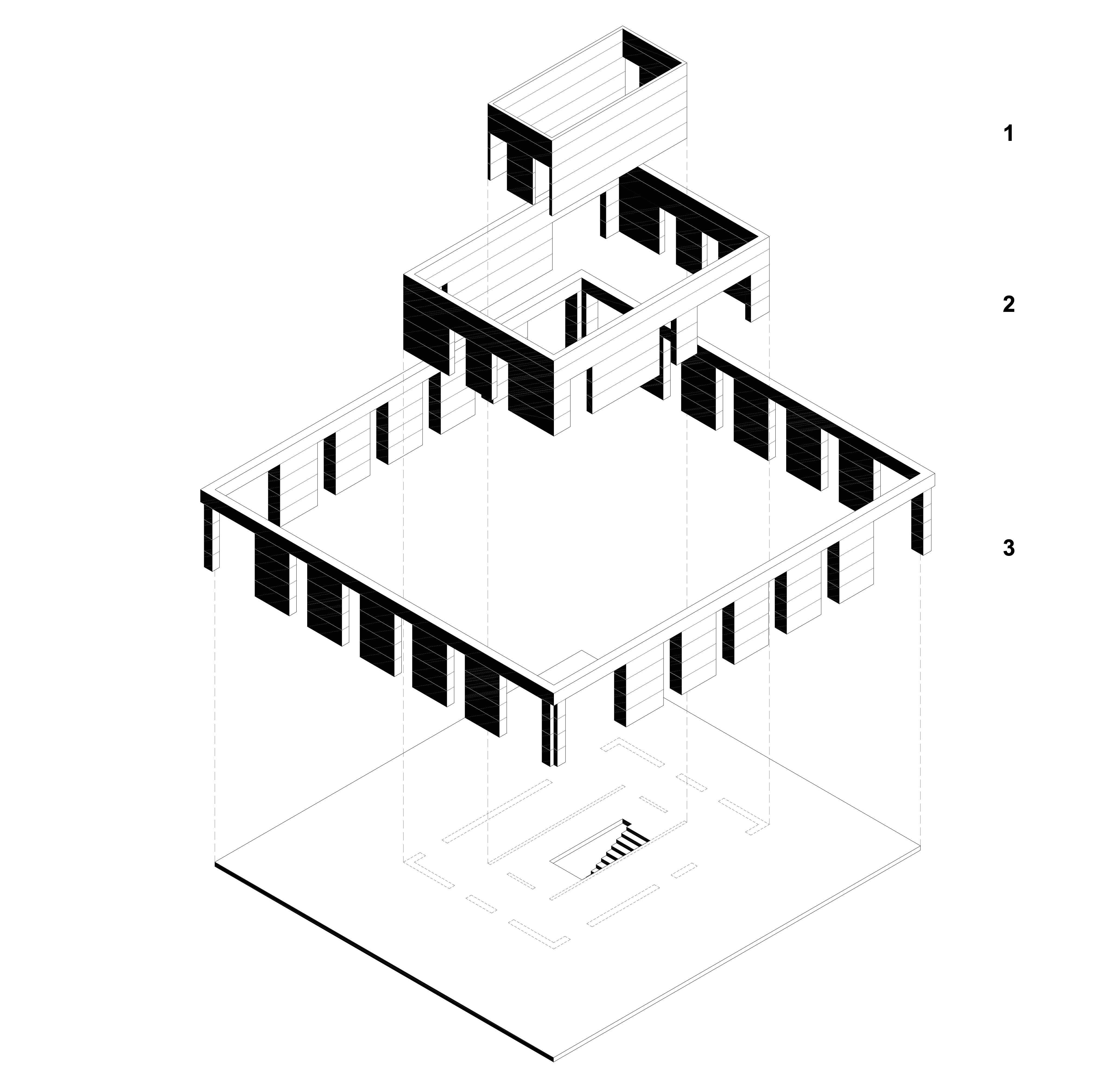 Assonometria della murature che formano un edificio: 1) nucleo dell'edificio, non portante, in calcare fossilifero dell'Estaillades; 2) nucleo portante in calcare oolitico di Migné; 3) facciata portante in calcare oolitico di Migné e di Brétigny.