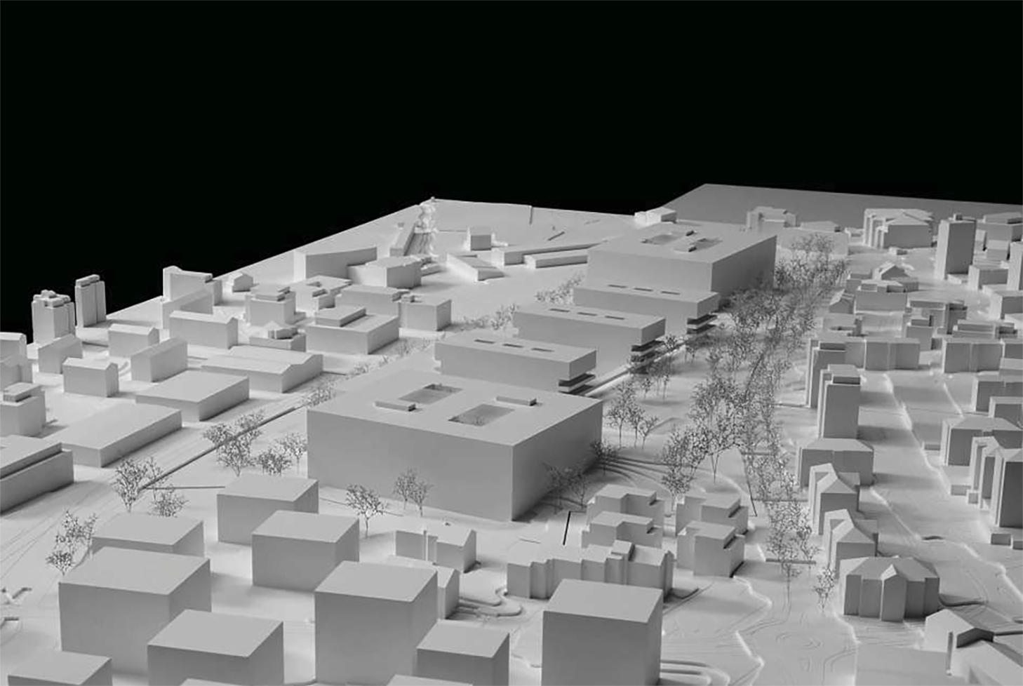 1.Rang / 1. Preis: «Gravity»: Penzel Valier erhalten den Flachbau des Trakt I mit den Grosslaboren und die drei markanten Zeilenbauten. Rechts und links davon ergänzen sie das Ensemble mit zwei Blöcken.