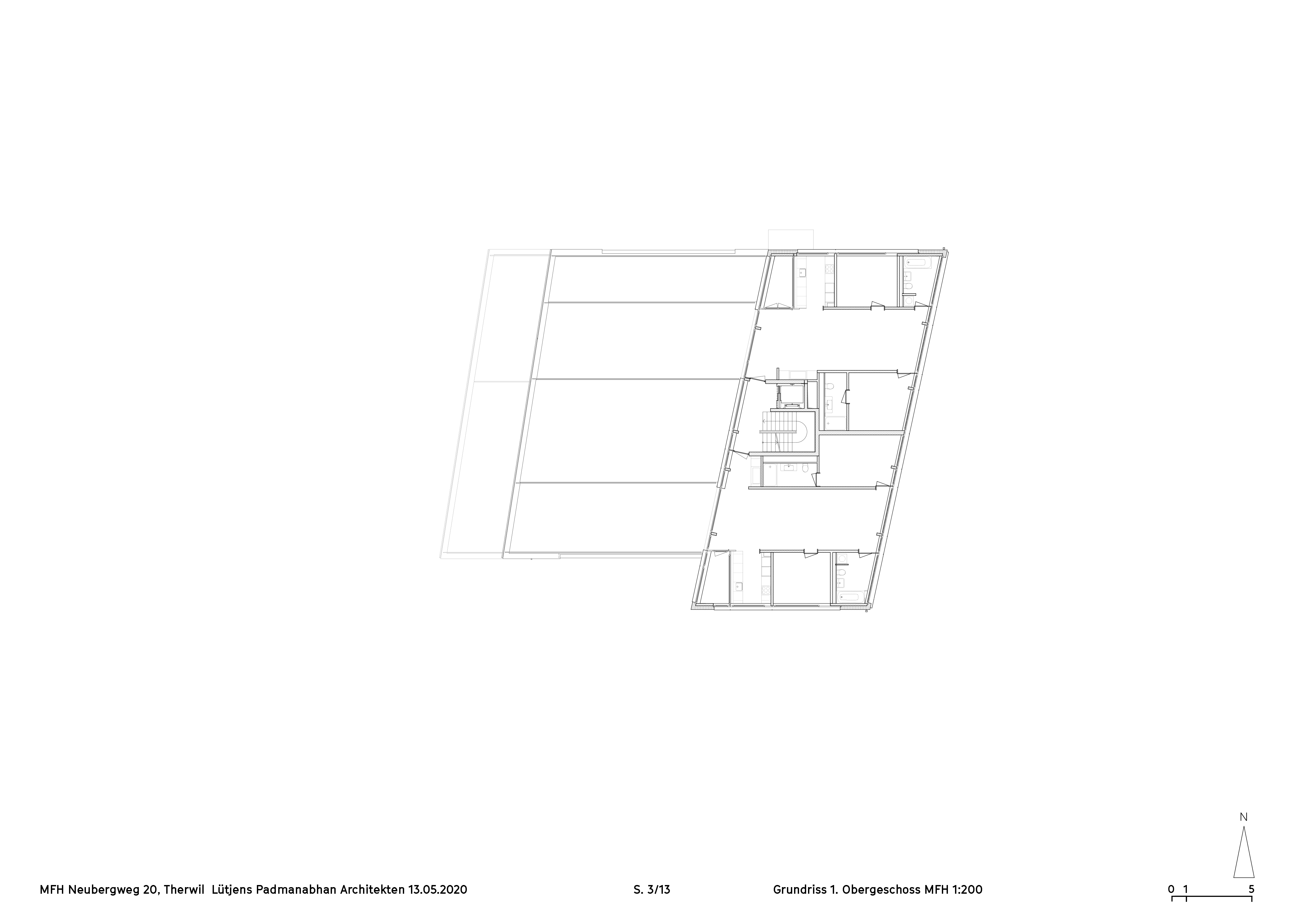 Plan du premier étage, les plans d’étage dévoilent la volonté de concilier de façon pragmatique la logique économique de maximisation des surfaces à louer, la simple formalité cadastrale et l’exploitation des règlements de construction, tout en y apportant des qualités architectoniques riches et rigoureuses.