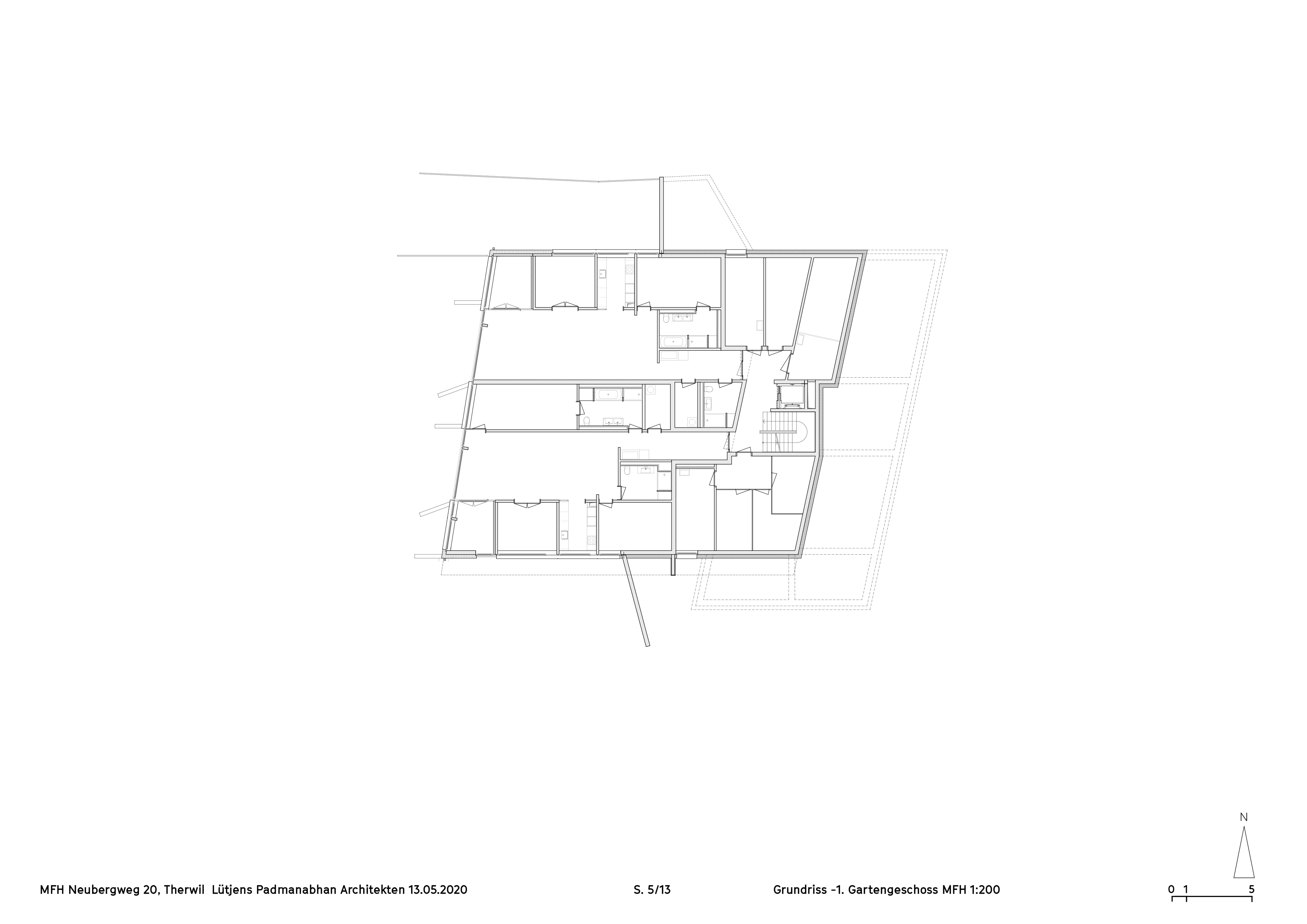 Plan du rez de jardin, les plans d’étage dévoilent la volonté de concilier de façon pragmatique la logique économique de maximisation des surfaces à louer, la simple formalité cadastrale et l’exploitation des règlements de construction, tout en y apportant des qualités architectoniques riches et rigoureuses.