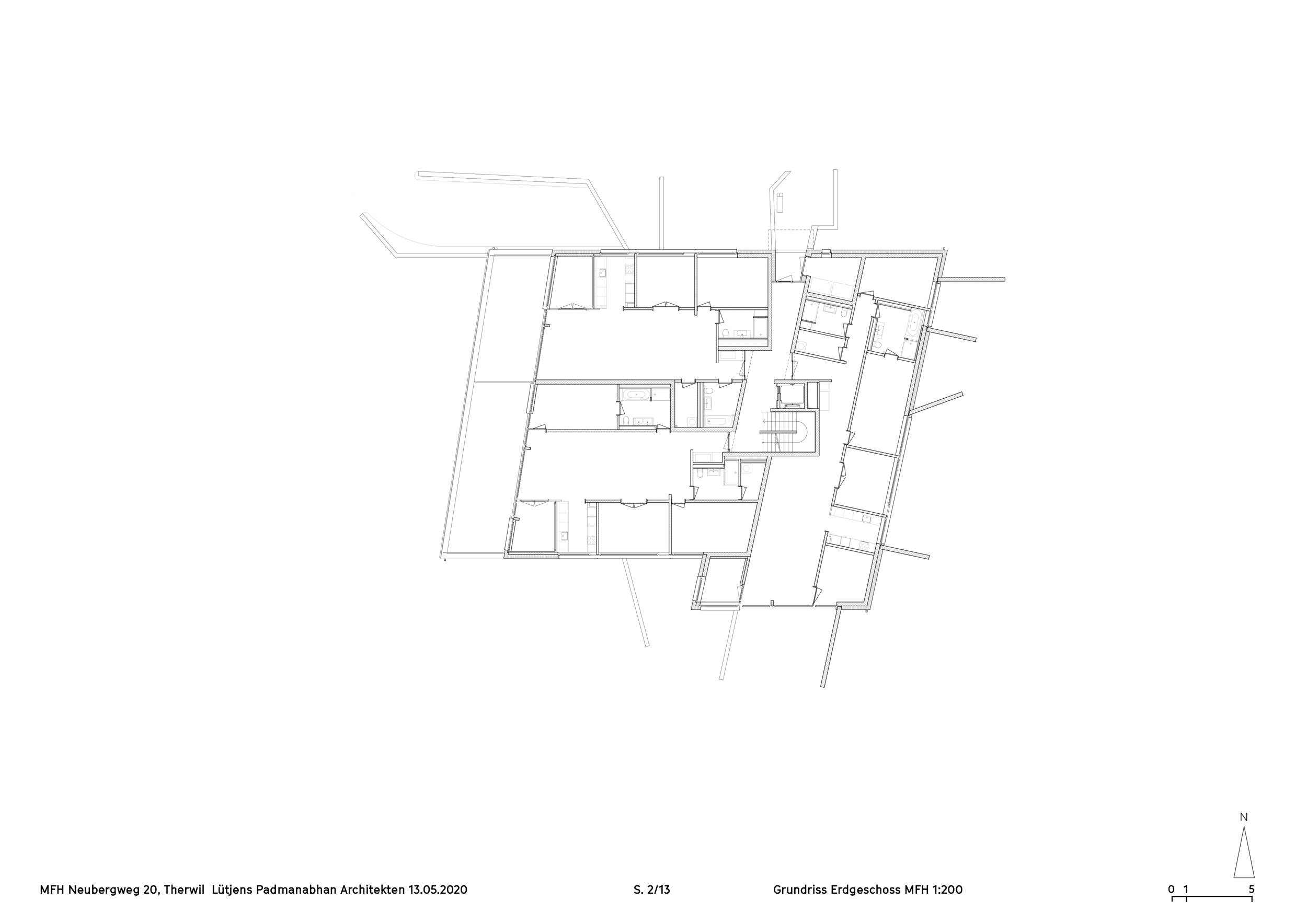 Plan du rez supérieur, les plans d’étage dévoilent la volonté de concilier de façon pragmatique la logique économique de maximisation des surfaces à louer, la simple formalité cadastrale et l’exploitation des règlements de construction, tout en y apportant des qualités architectoniques riches et rigoureuses.