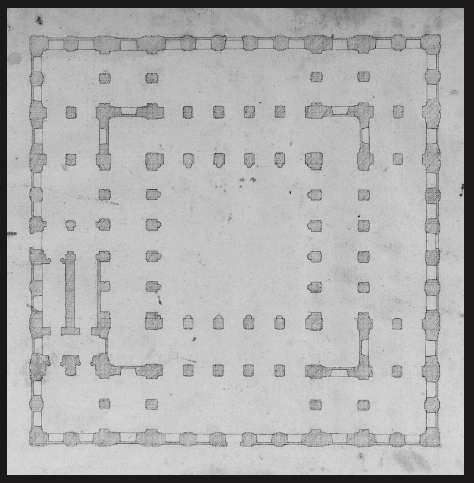 Juan de Herrera, Casa Lonja de Mercaderes de Sevilla, 1583 (plan général). Le bâtiment, un bel exemple d'architecture de la Renaissance espagnole, synthétise certains des principes que Juan de Herrera a développés dans son traité Discours sur la forme cubique où l'architecte traduit les diagrammes de Llull en relations tridimensionnelles.