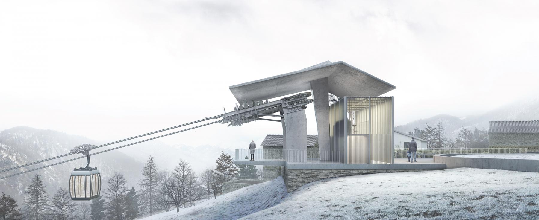 Visualisierung für den Wettbewerb «Progettazione stazioni della funivia Verdasio-Rasa» (Francesco Buzzi Architetti).