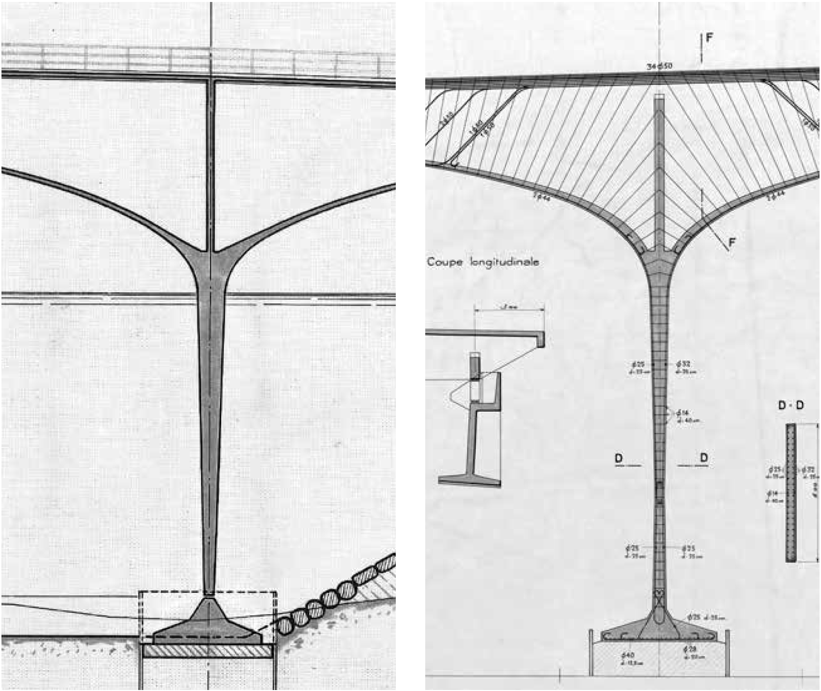 Stützenform mit Fussgelenk im Entwurf vom April 1938 (links) und eingeschnürte Stütze im definitiven Entwurf vom Januar 1939.