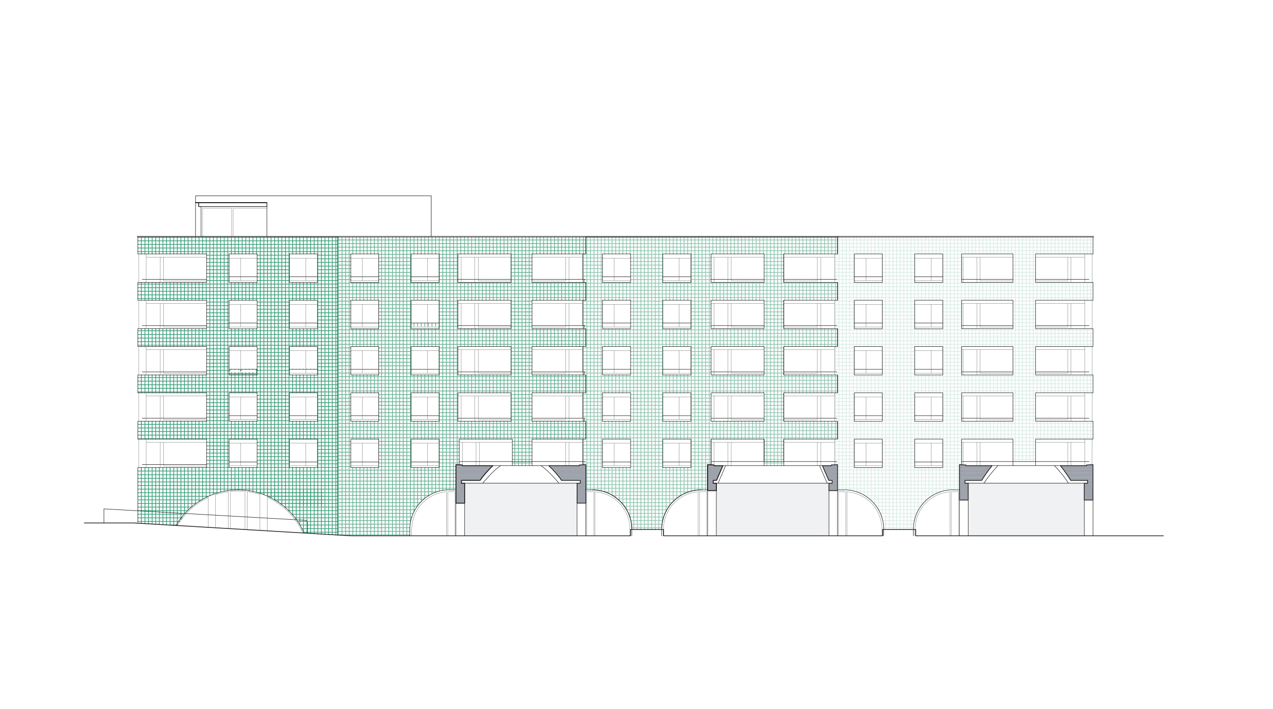 Coupe au travers des arches qui lient entre eux les deux bâtiments de logement