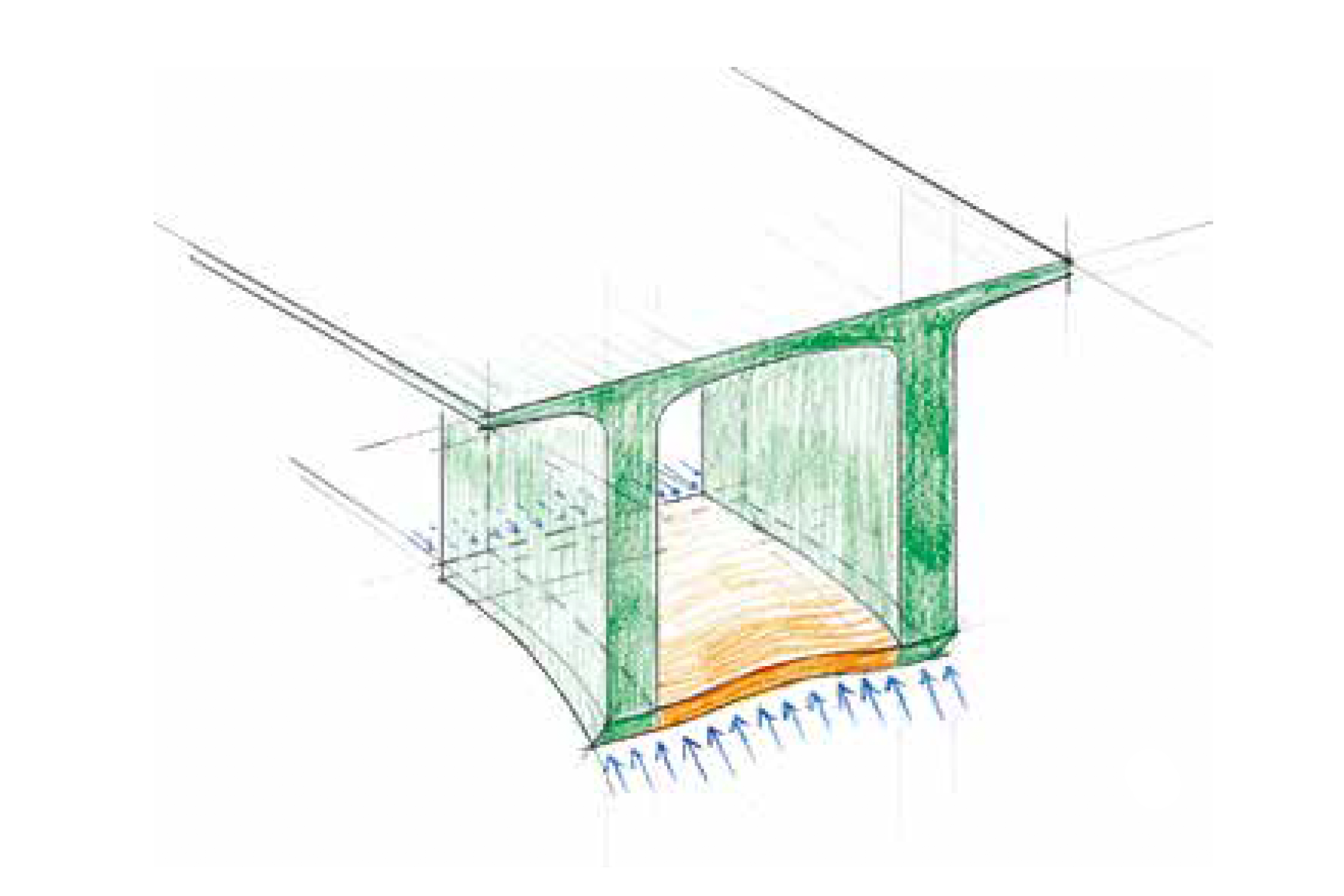 Skizze der Kräfteverhältnisse in der gekrümmten Druckplatte. Die Platte ist immerhin auf eine Breite von 5 m ungestützt und will sich unter den Umlenkkräften nach oben durchbiegen.