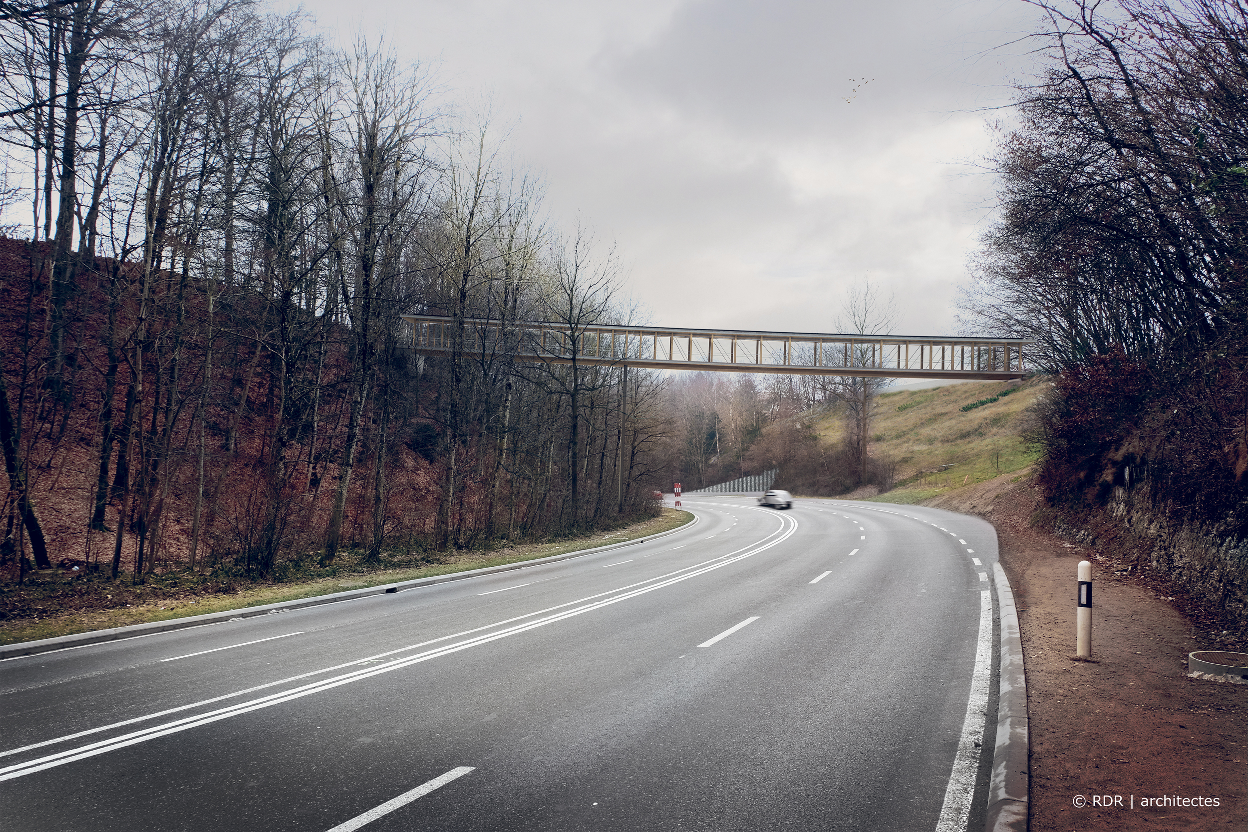 Visualisation  de la future passerelle permettant de franchir la coupure urbaine que représente la route de Berne et de relier ainsi les parties est et ouest d’Épalinges.