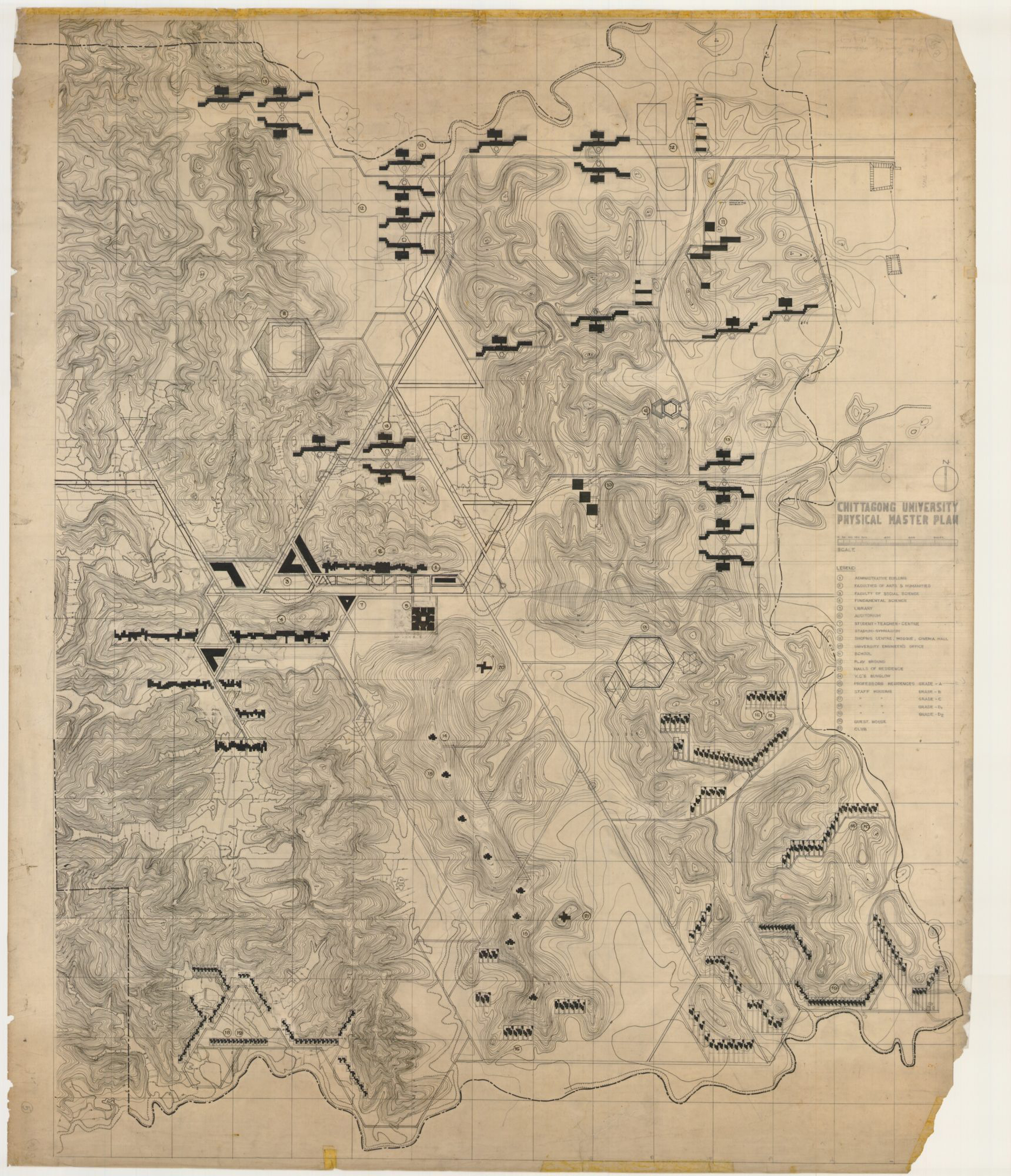 Chittagong University, Chittagong, East Pakistan (Bangladesh). 1965–71. Vastukalabid (est. 1964). Muzharul Islam (1923–2021). Master plan. Ink and pencil on paper.