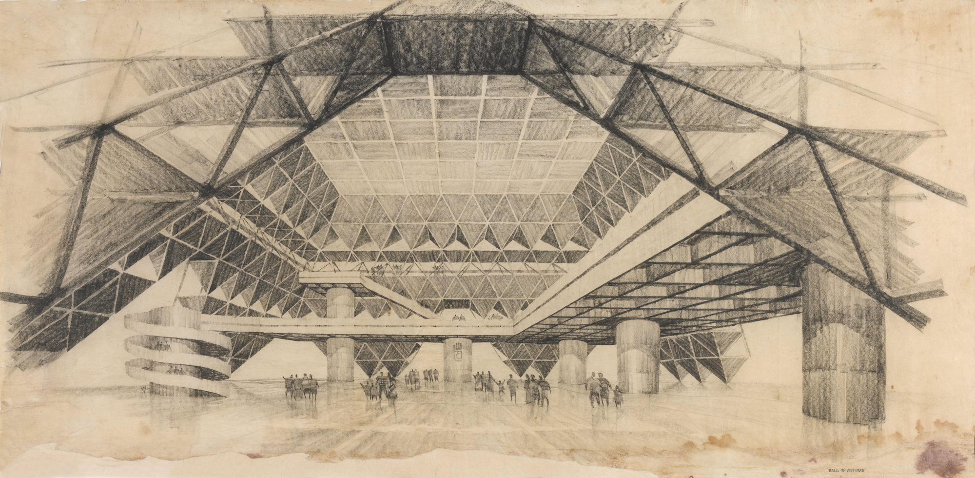 Hall of Nations, Pragati Maidan, New Delhi, India. 1970–72. Demolished 2017. Raj Rewal Associates (est. 1962). Architect: Raj Rewal (b. 1934). Engineer: Mahendra Raj (b. 1924). Perspective drawing. c. 1970. Pencil on tracing paper, 37 3/8 × 76 3/4 in. (95 × 195 cm).