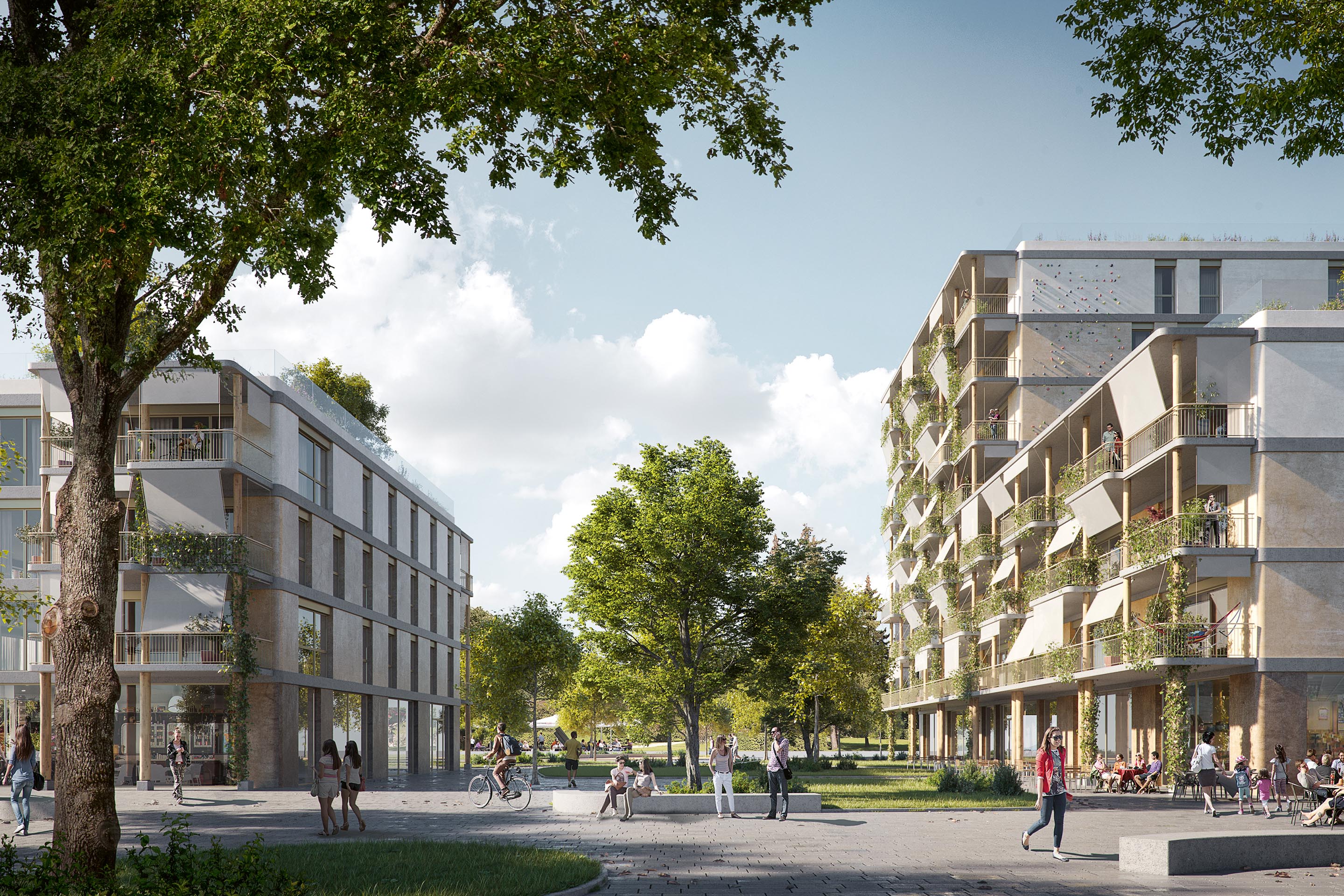 Coopérative de la Bistoquette, projet de 100 logements et commerces à Plan-les-Ouates (GE), construits en structure bois, avec isolation paille dans des caissons et murs refends en terre coulée entre les logements.