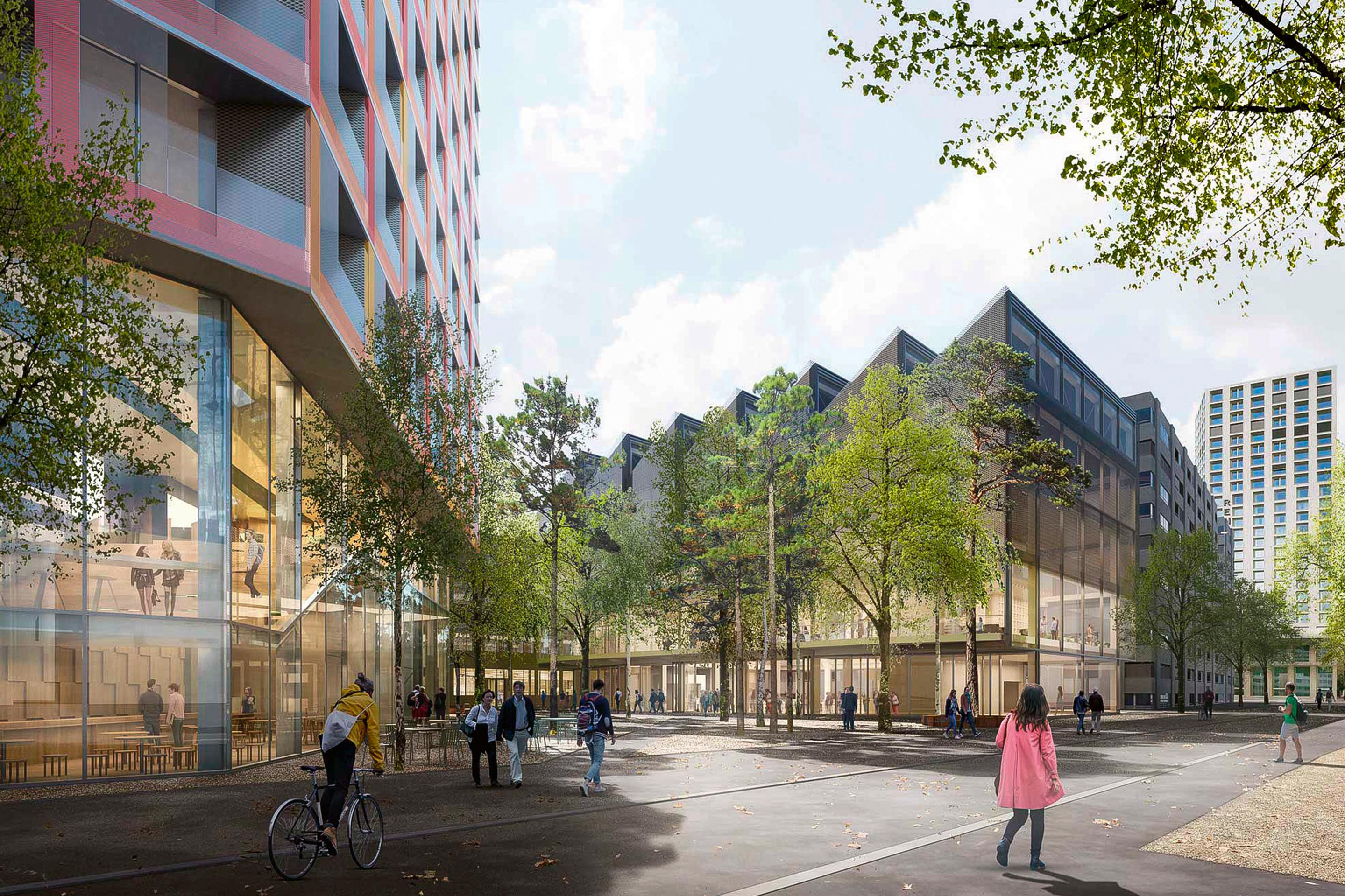 Neubauprojekt von Sauerbruch Hutton für das Maag-Areal in Zürich, 2021: Quartierplatz in der Mitte der Anlage.