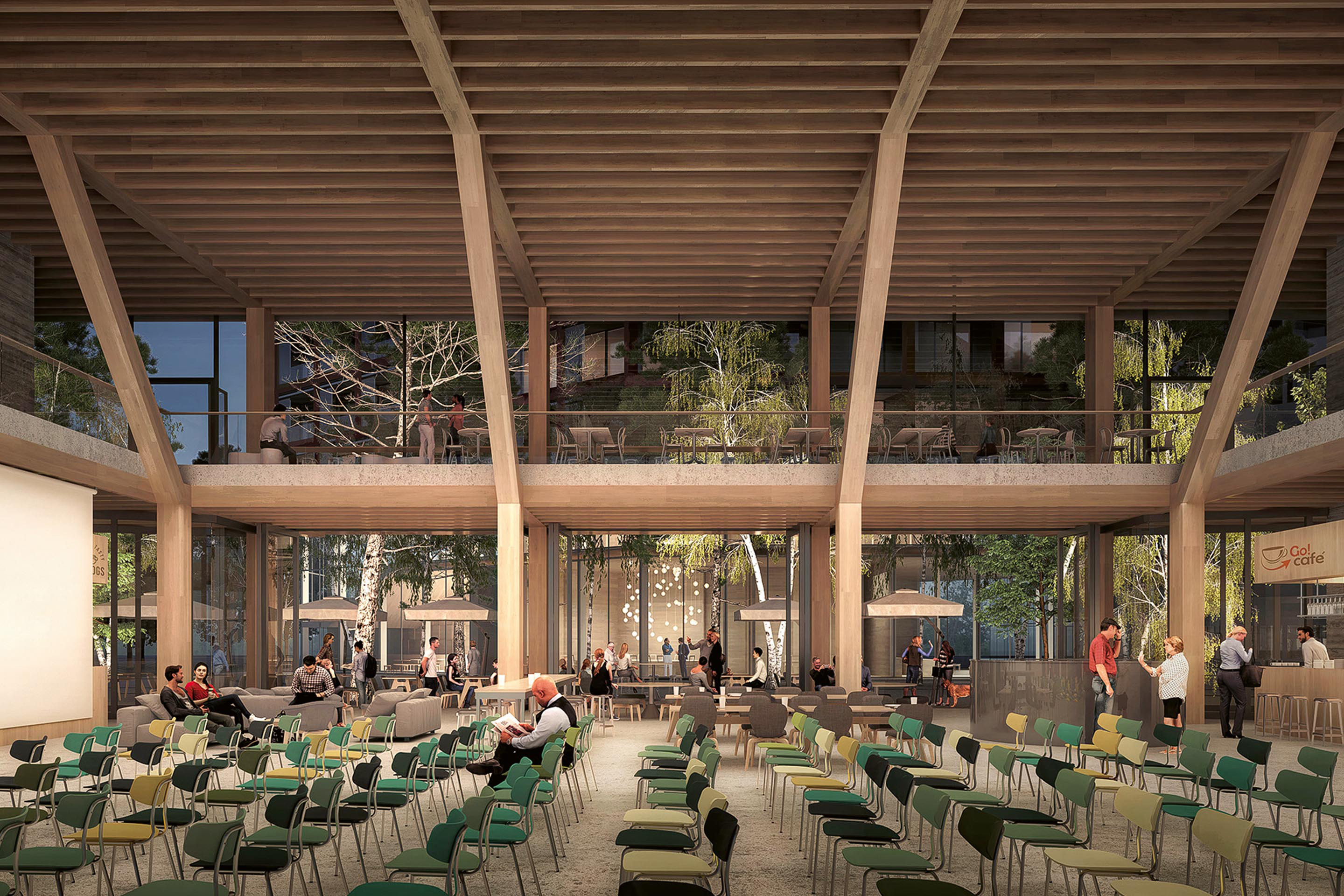 Neubauprojekt von Sauerbruch Hutton für das Maag-Areal in Zürich, 2021: Blick ins Kulturhaus am Abend.