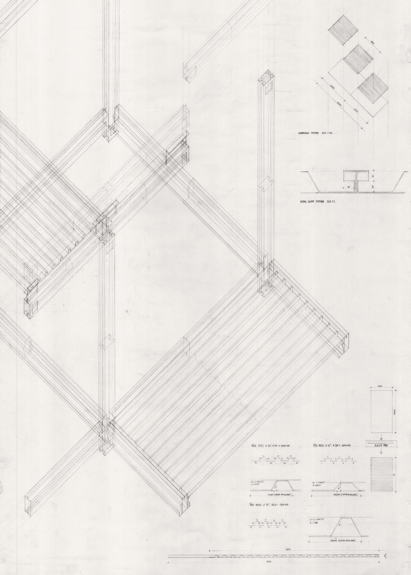 L’aéroclub Roland Garros à Buc est l’un des premiers projets de Jean Prouvé. Ici, il se confronte à un bâtiment complet et pousse l’économie de matière à l’extrême, allégeant les éléments de structure et l’enveloppe pour faciliter leur manipulation sur le chantier.