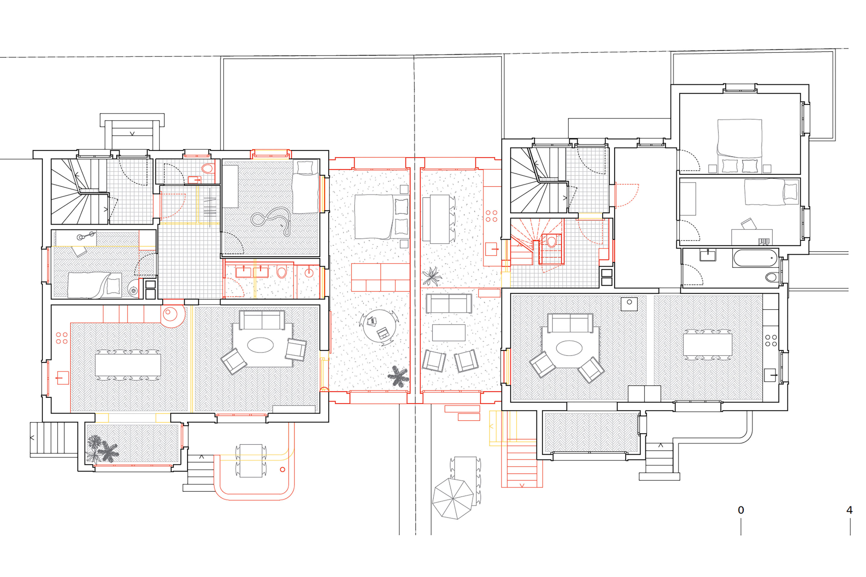 Grundriss EG. Auf der Gartenseite wurden die Balkone von Haus Nr. 5 (links) vergrössert, die charakteristische abgerundete Ecke behielt man bei.