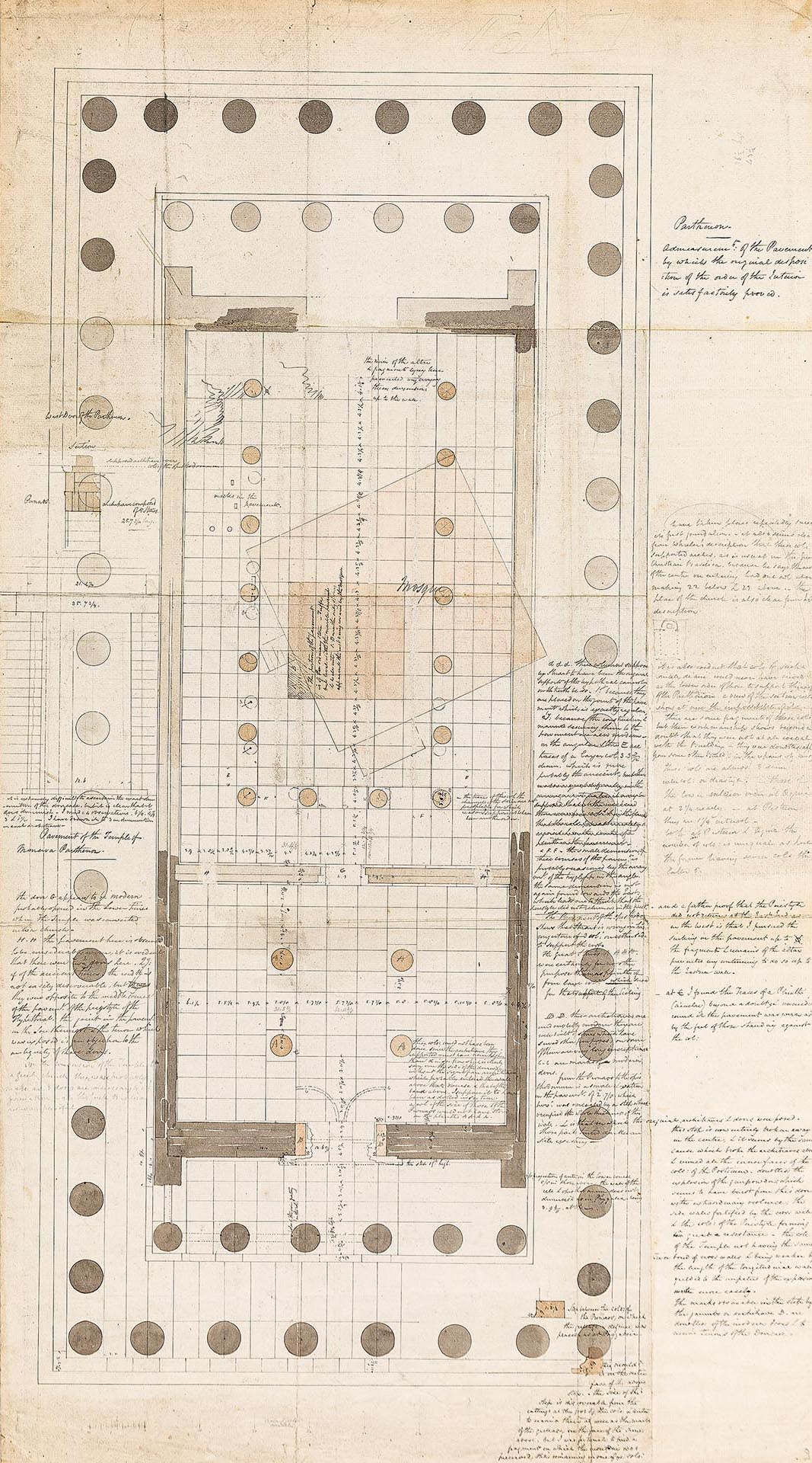Charles Robert Cockerell, plan annoté du Parthénon avec au verso le détail des marbres d’Aegina, 1813. Plume et encre noire, avec crayon et lavis gris et orange, 820 × 480 mm.