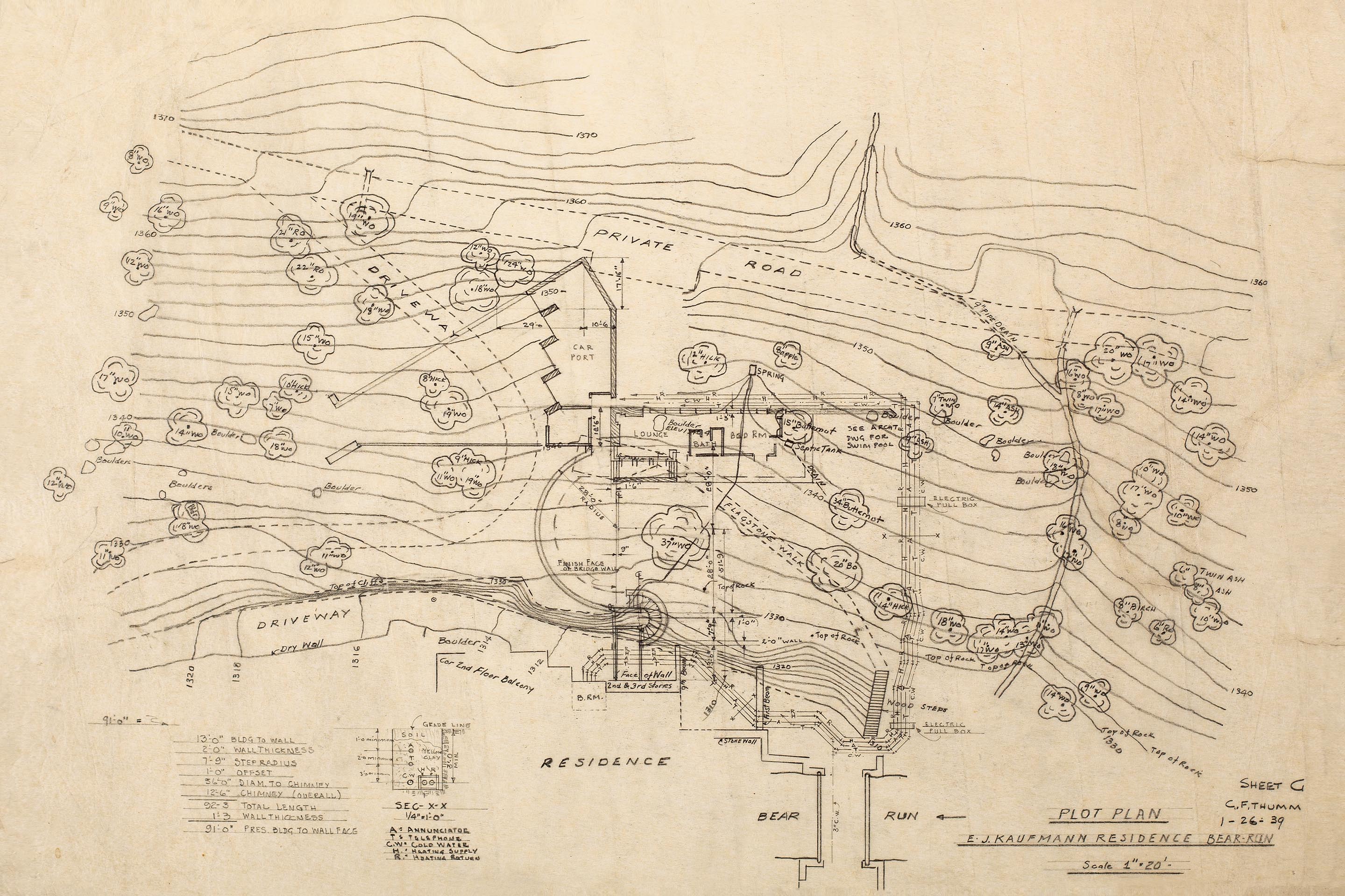 Frank Lloyd Wright, E. J. Kaufmann Residence, Fallingwater, Bear Run, Pennsylvania, 1936–39. Crayon sur papier calque, 380 × 550 mm.