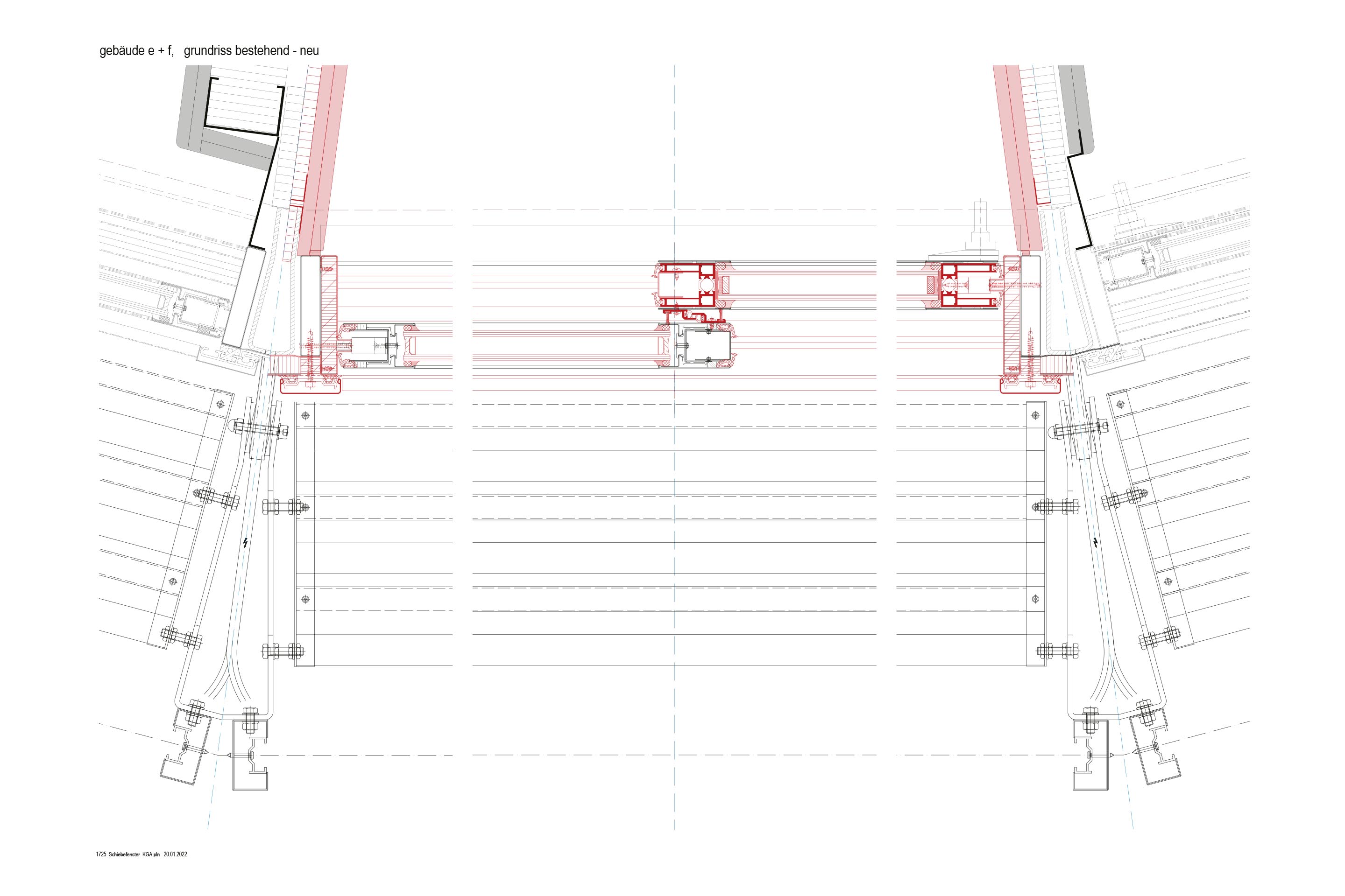 Plan des fenêtres coulissantes des tours d’habitation. Le modèle original se trouve de part et d’autre, en bordure de l’illustration. Dans la rénovation, le vantail fixe (à gauche) est doté d’une isolation thermique supplémentaire et de nouveaux verres; le vantail mobile (à droite) a été reconstruit.