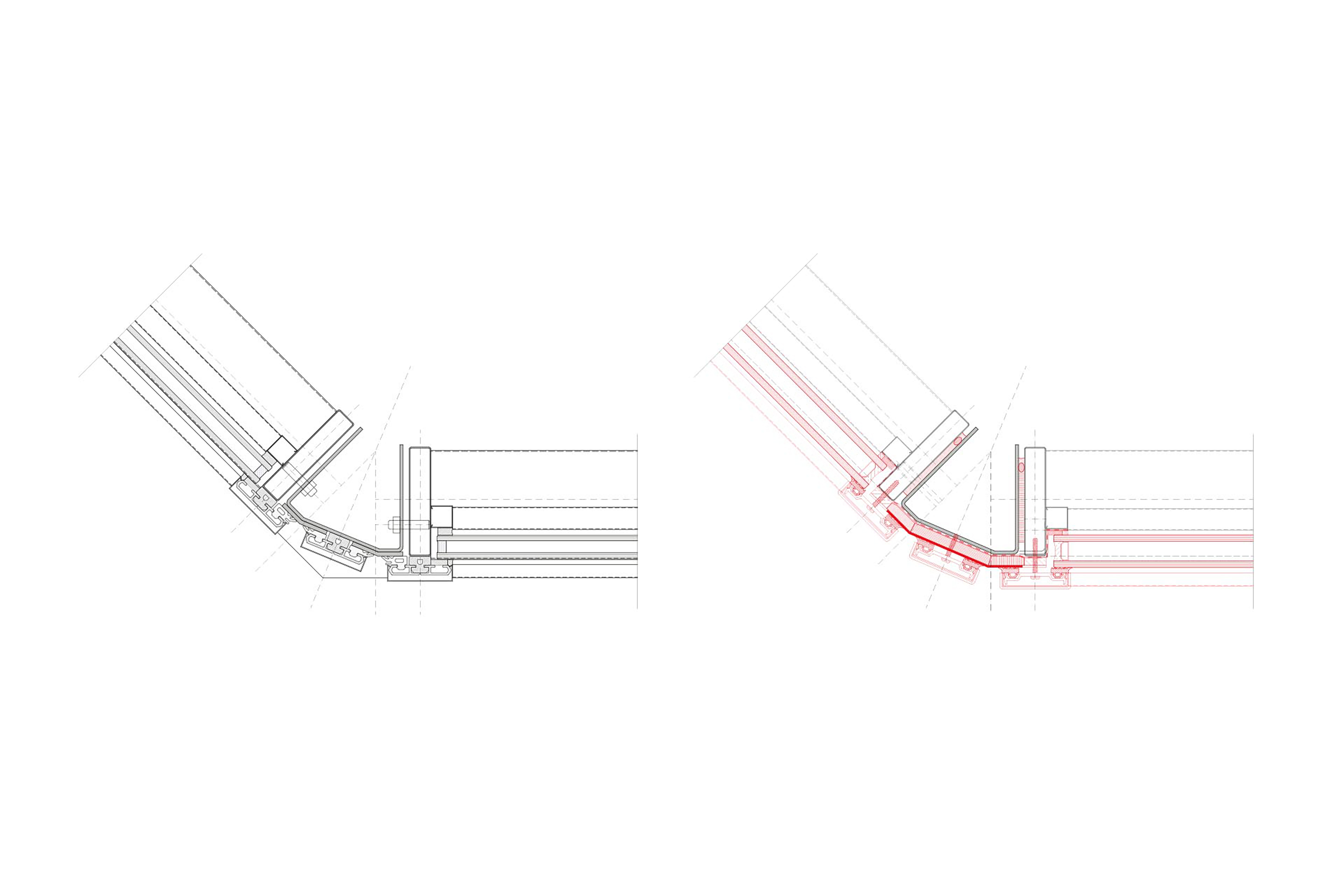 Les angles du bâtiment avec les profilés de couverture verticaux juxtaposés ont reçu des profilés légèrement élargis afin de conserver les proportions des joints. À gauche: l’existant; à droite: la remise en état.