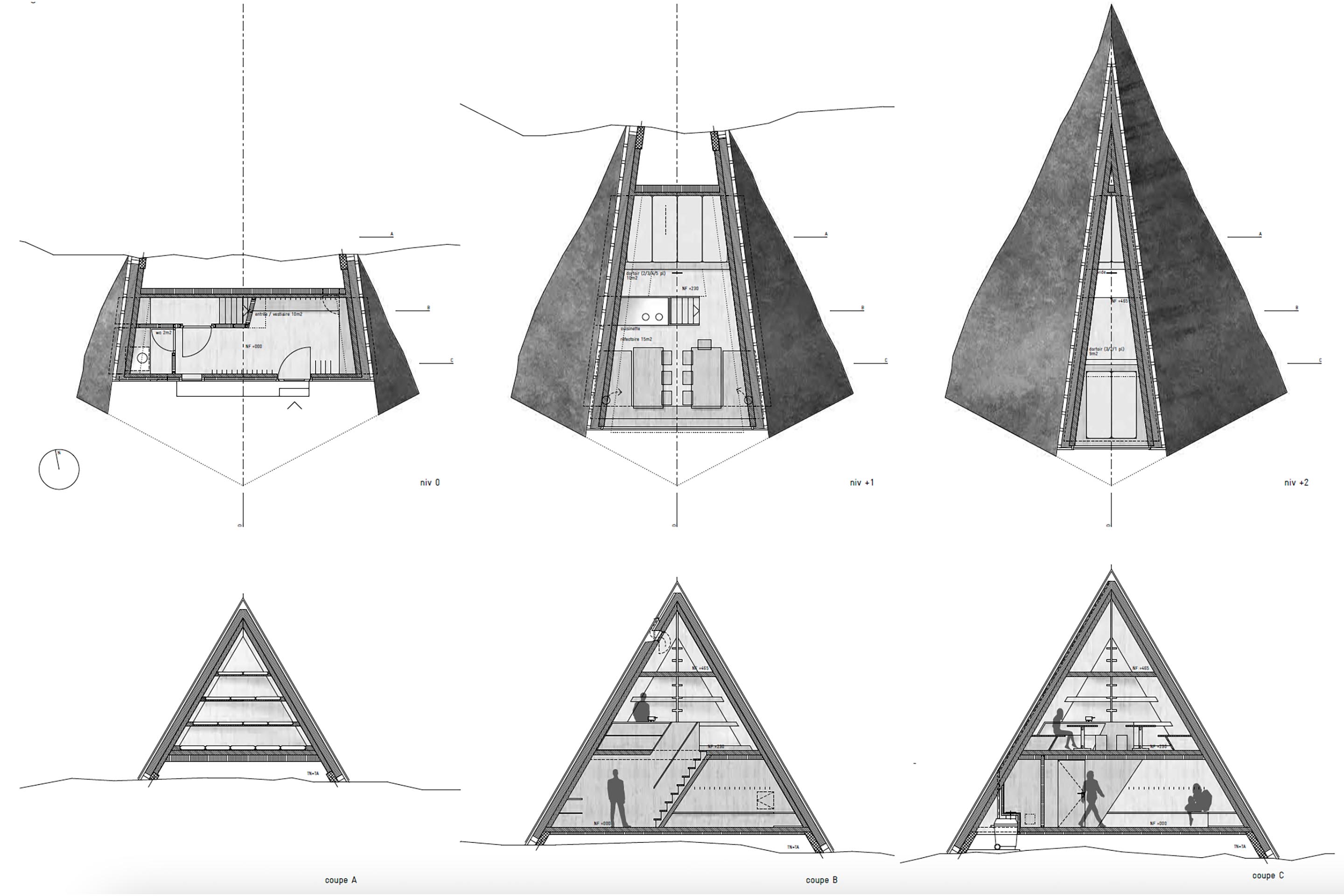 Plans et coupes transversales du projet lauréat trigon 2.0.