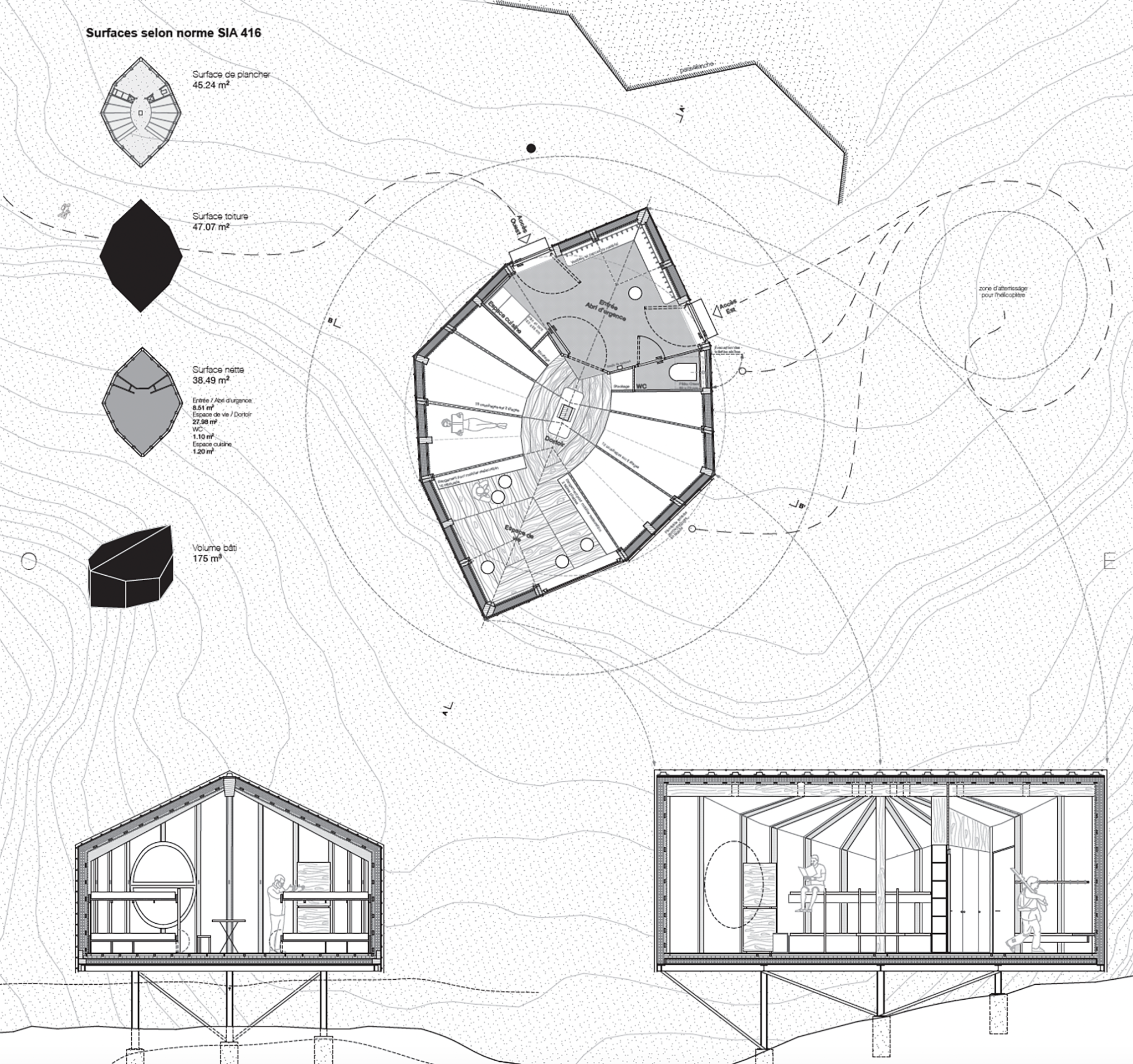 Plan et coupe longitudinale du projet portale(tsch). Le plan polygonal classique des cabanes réalisées par l’architecte Jakob Eschenmoser est ici déformé pour exposer une surface minimale aux avalanches.