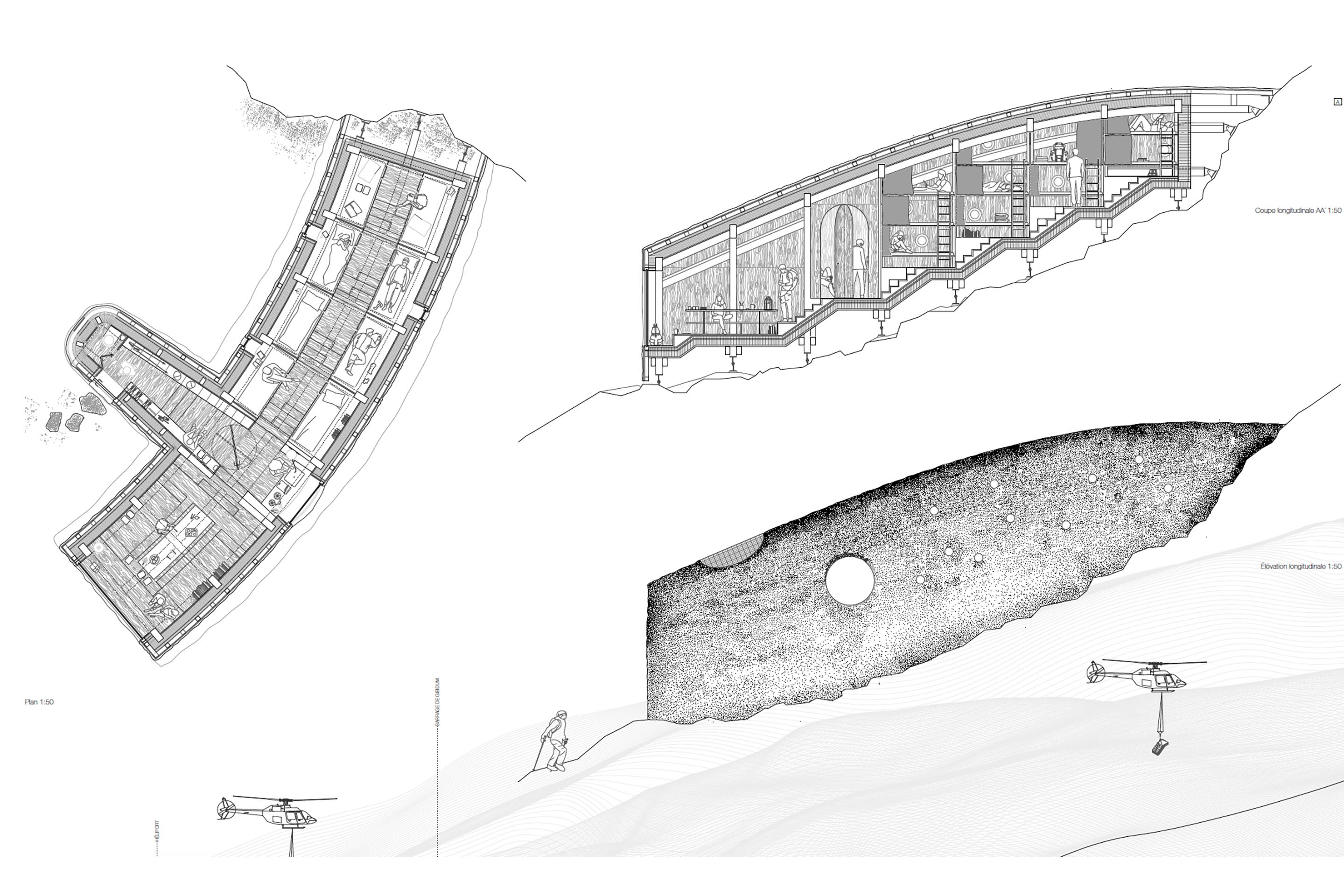 Coupe longitudinale et plan du projet Sous les rochers. Le rapport à la pente s’exprime par une série de marches qui articule les seuils du bivouac. L’espace commun situé en contrebas s’ouvre sur le grand paysage par le décaissement du dernier niveau.